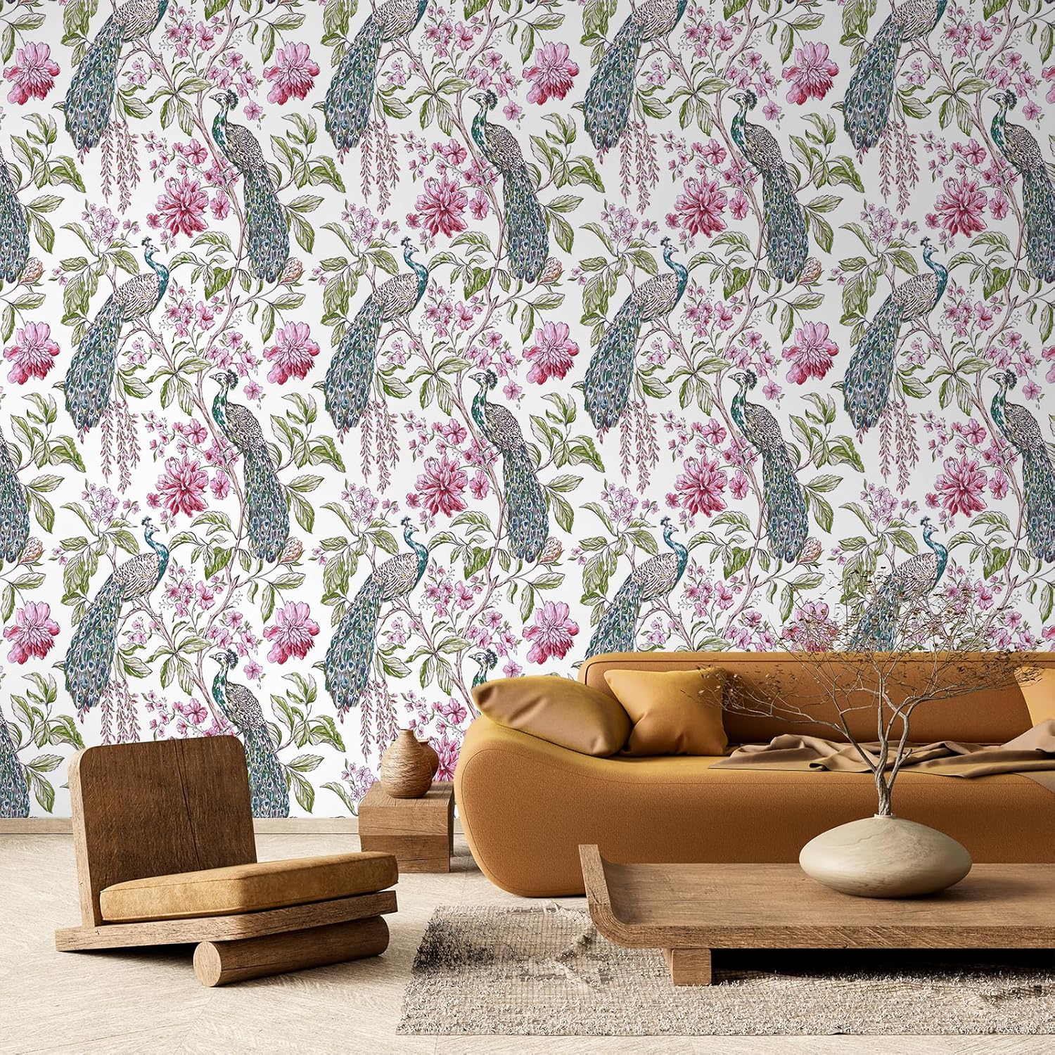 VaryStyle Vintage Peacock Wallpaper Elegant Pink/Green Tree Peony Floral Peel and Stick Wallpaper for Bedroom Bathroom 17.7"x118" Waterproof Removable Vinyl Contact Paper for Cabinets Shelf Wall Mural
