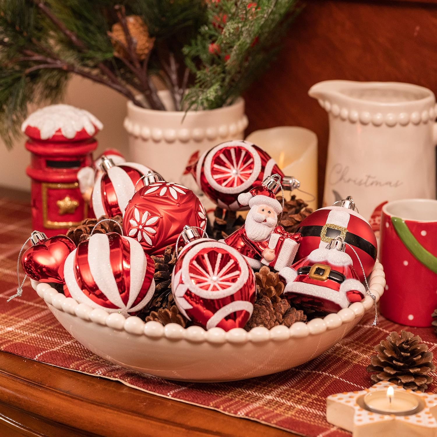 Valery Madelyn Christmas Ornaments Value Bundle, 4ct & 70ct Candy Cane Red White Shatterproof Christmas Ball Ornaments Set, Decorative Hanging Ornament Bulk for Xmas Holiday Party Decor