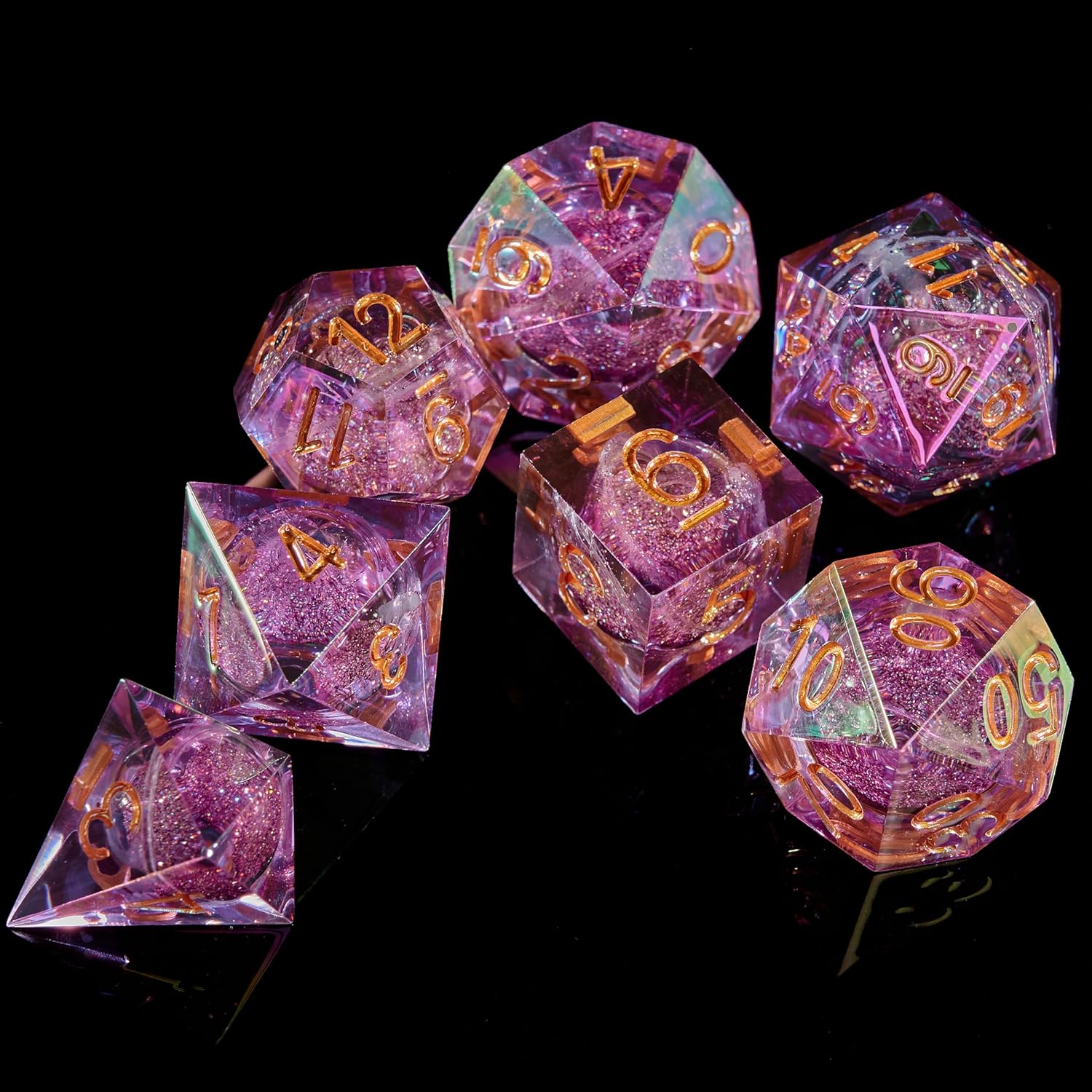 Fugacity Dice Set, Liquid Core Handmade Sharp Edge 7 Piece Resin Dice-for Dungeons and Dragons Polyhedral Dice Set, D&D Dice Set with Gift Dice Case for RPG MTG Table Games