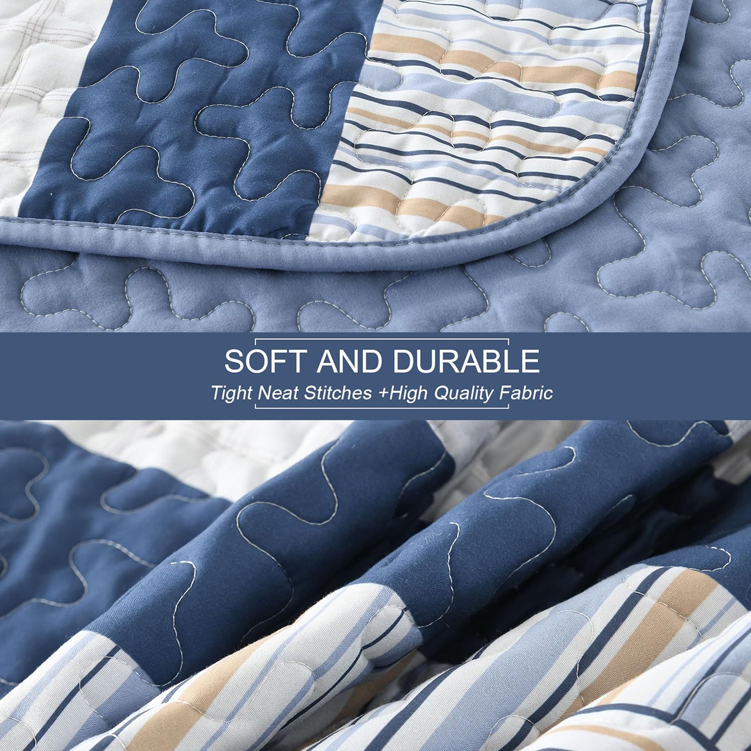 DJY Navy Blue Striped Quilt Queen Size, Boho Blue Tan Striped Bedspread Coverlet Set Soft Microfiber Bohemian Patchwork Quilt Bedding Set 3 Pieces for All Season - Image 7