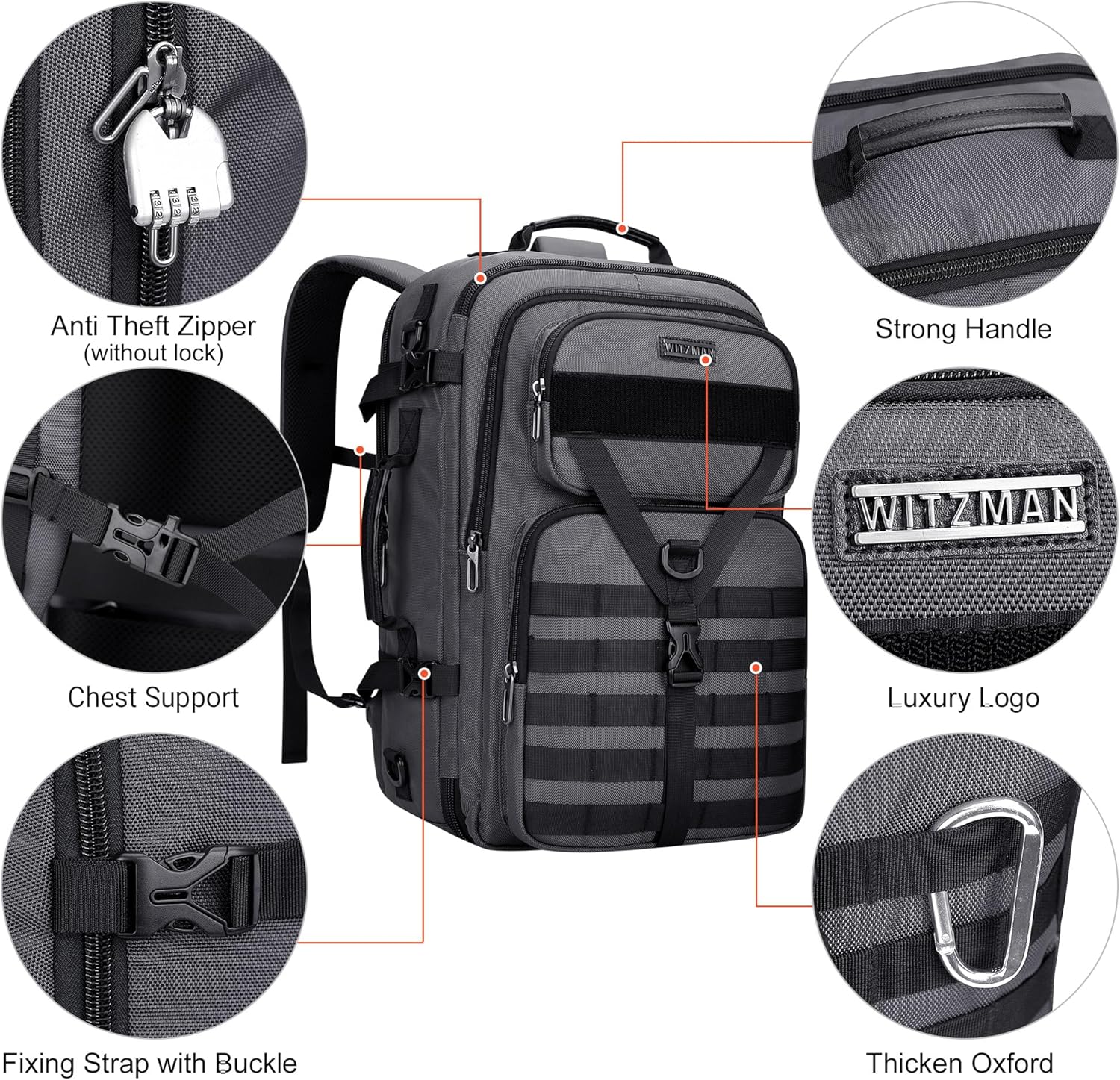 WITZMAN Carry On Travel Backpack for Men Large Convertible 45L Fit 17 Inch Laptop Backpack 3 in 1 Bag for Airline Approved(B688 Silvery Grey)