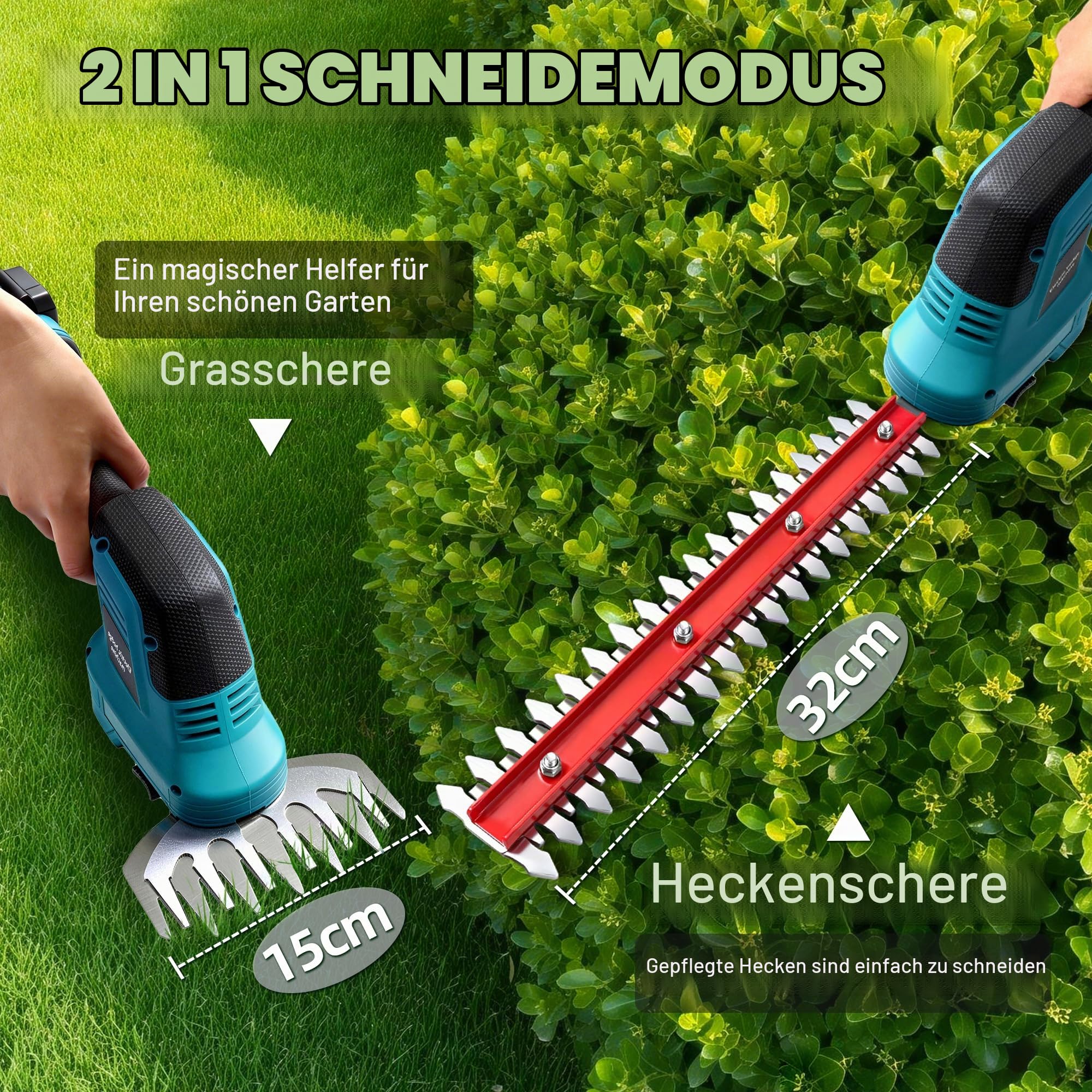 AearKing Akku Heckenschere, Handliche Grasschere und Strauchschere 21V & Ladegerät, 2 in 1 Elektrisch Gartenschere mit 35 cm Strauchschere & 15 cm Grasschere, Elektrische Heckenschere für Hecken