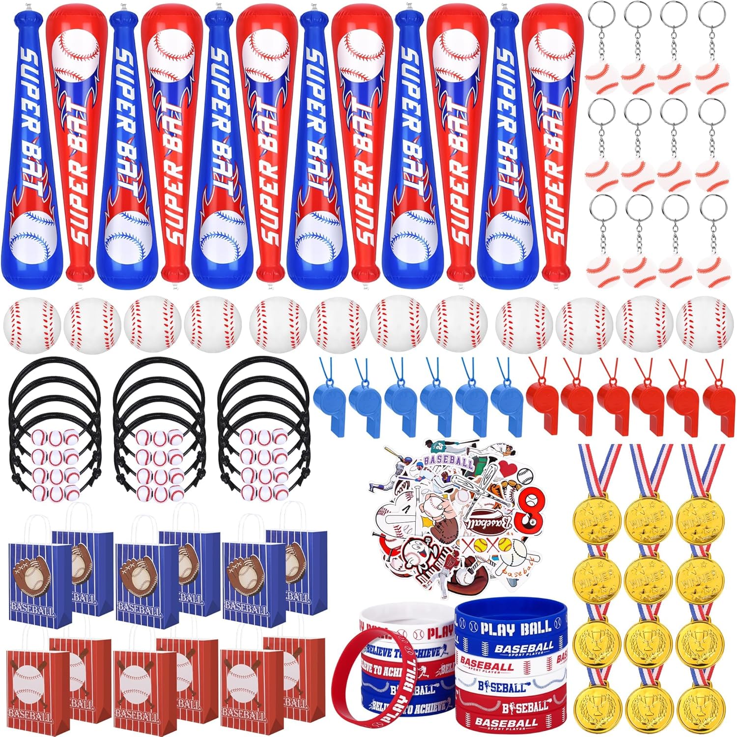 Aneco 144 Pieces Baseball Theme Party Favors with Inflatable Bats Stress Baseballs Keychains Stickers Whistle Medals Bracelets Tote Bags for Sport Party Baseball Decorations Birthday Gifts