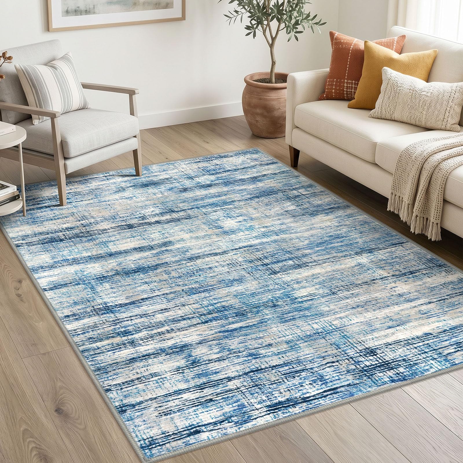 KOZYFLY Washable Area Rug 5x7 Living Room Thin Area Rug Non-Slip Soft Rug for Bedroom, Modern Printed Blue Beige Striped Abstract Carpet for Laundry Kid Room — image 1