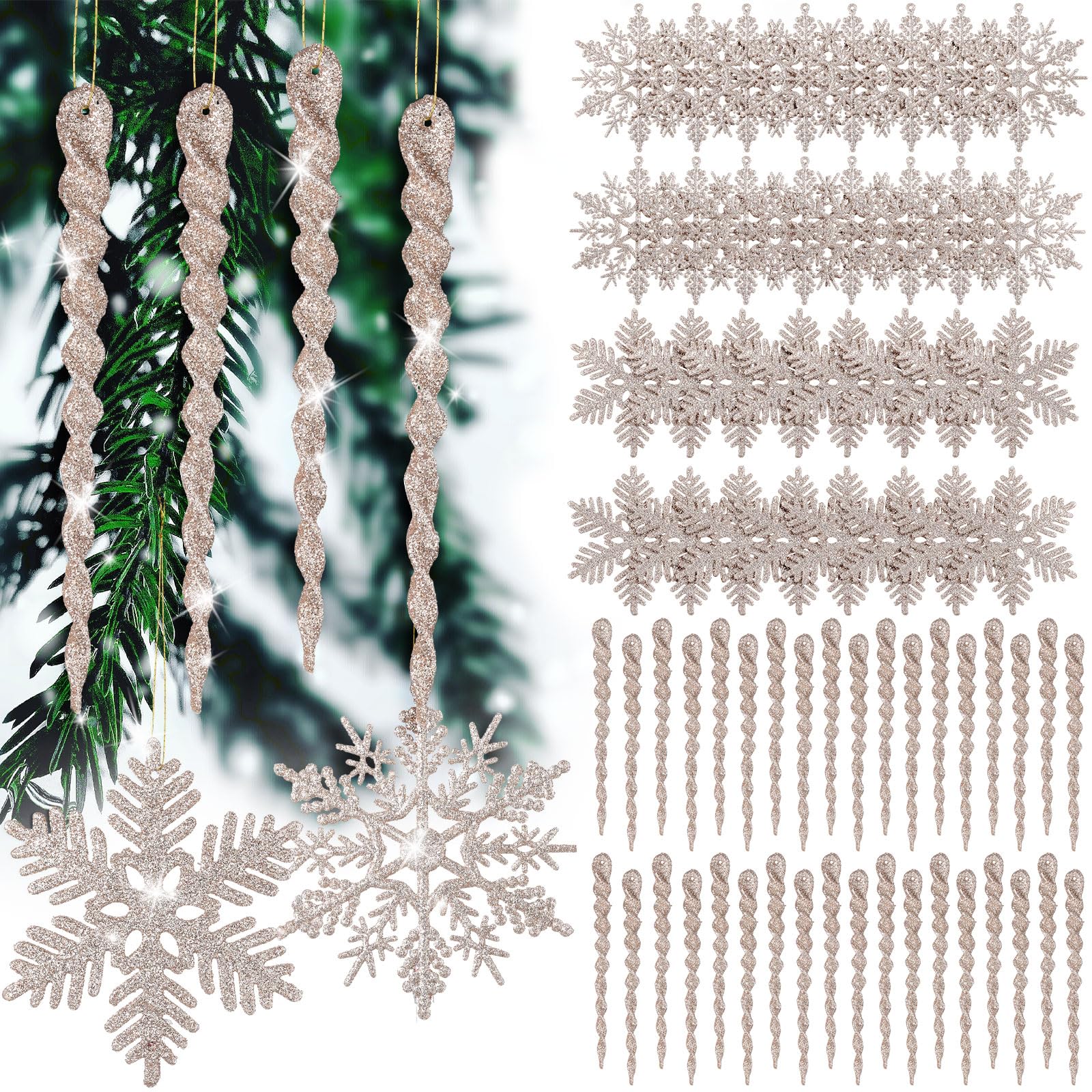 Deekin 72 Stück Schneeflocke gedrehtes Eiszapfen Ornament Set Glitzer Weihnachtsbaum Schneeflocke Spiralstreifen Behänge für Urlaub Party Hochzeit Dekorationen Winter Weihnachten Weihnachtsbaum