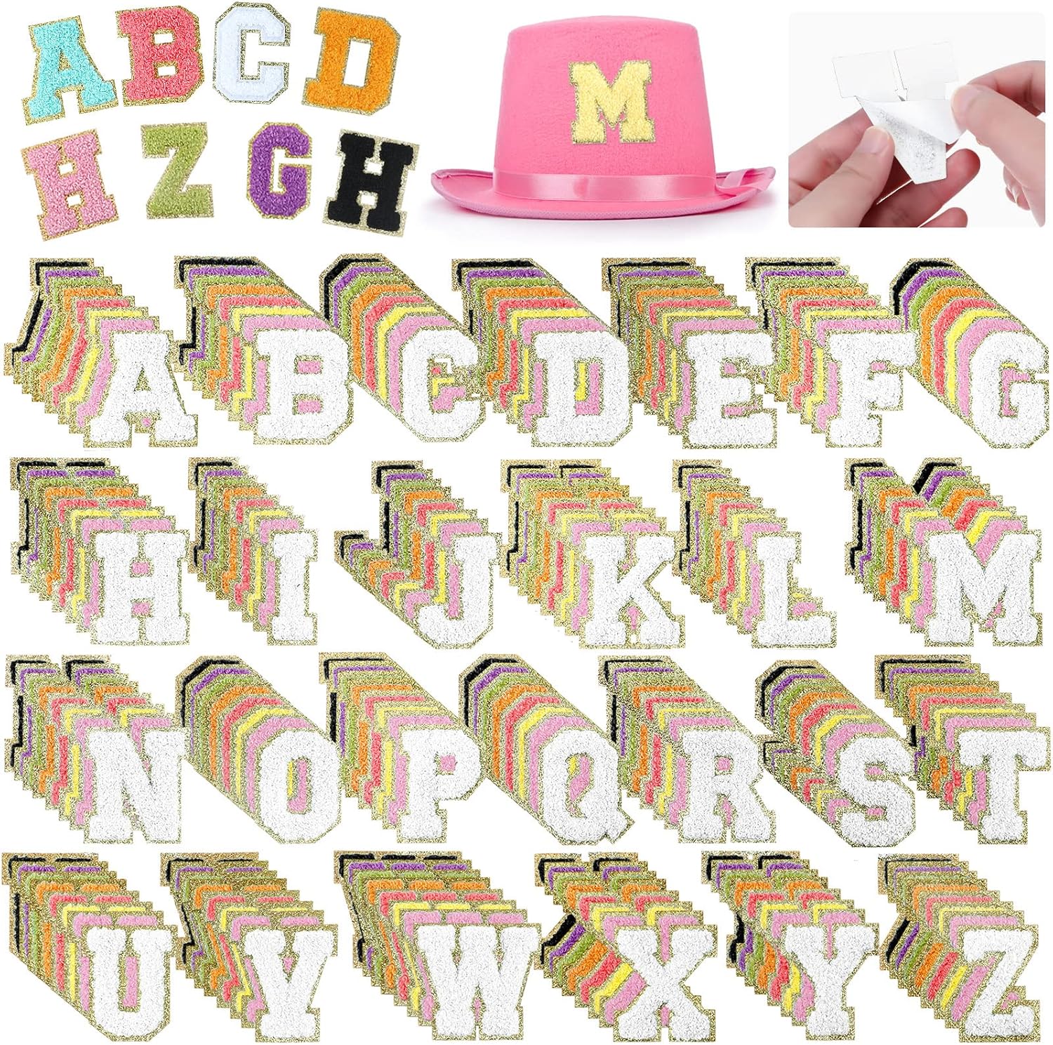 234 Pieces Chenille Letter Self Adhesive Patches 2.56 Inch Letter Patches Gold Glitter Border Chenille Stick on Embroidered for Fabric Clothing Repairing DIY Craft Decoration(Multicolor)