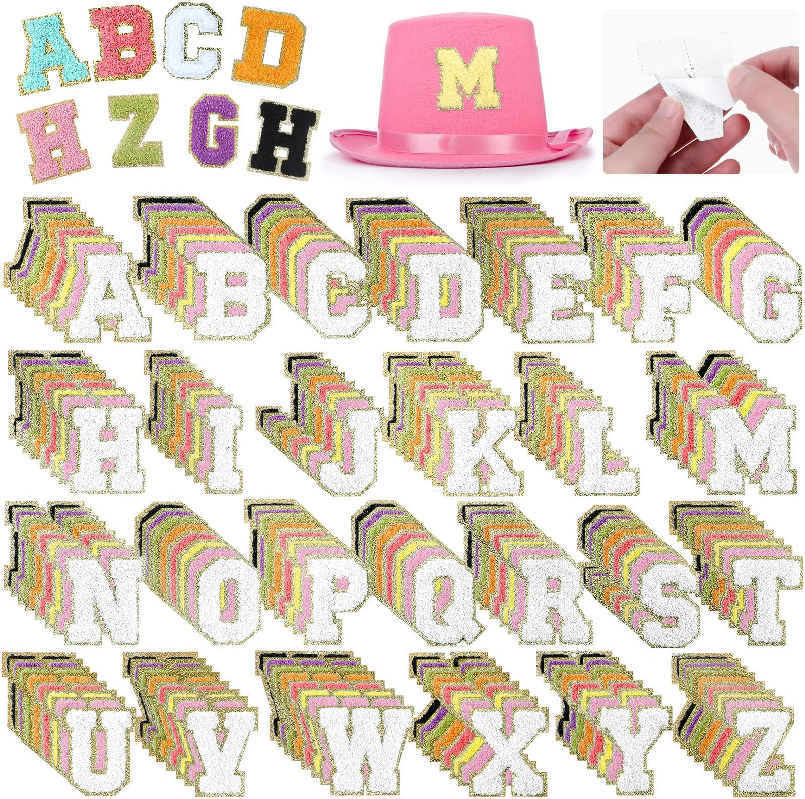 234 Pieces Chenille Letter Self Adhesive Patches 2.56 Inch Letter Patches Gold Glitter Border Chenille Stick on Embroidered for Fabric Clothing Repairing DIY Craft Decoration(Multicolor)