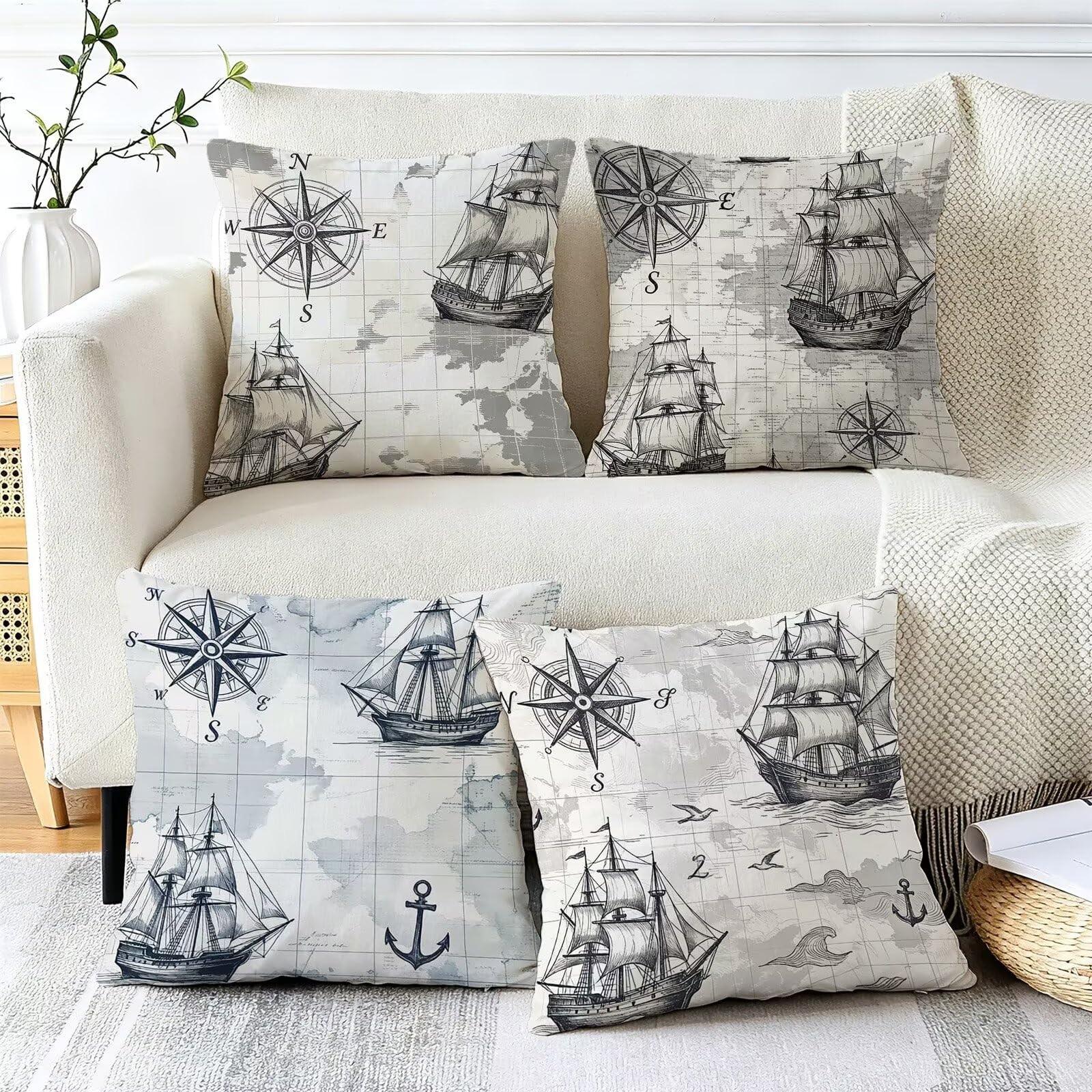 Grigio Federe Cuscini Divano 40x40cm, Cuscini da Esterno Set de 4, Cod-333 | Lin Copricuscini Decorativi Letto Arredo, per Letto, Soggiorno, Giardino, Esterno, Casa Decorazione Set di 4 Barca