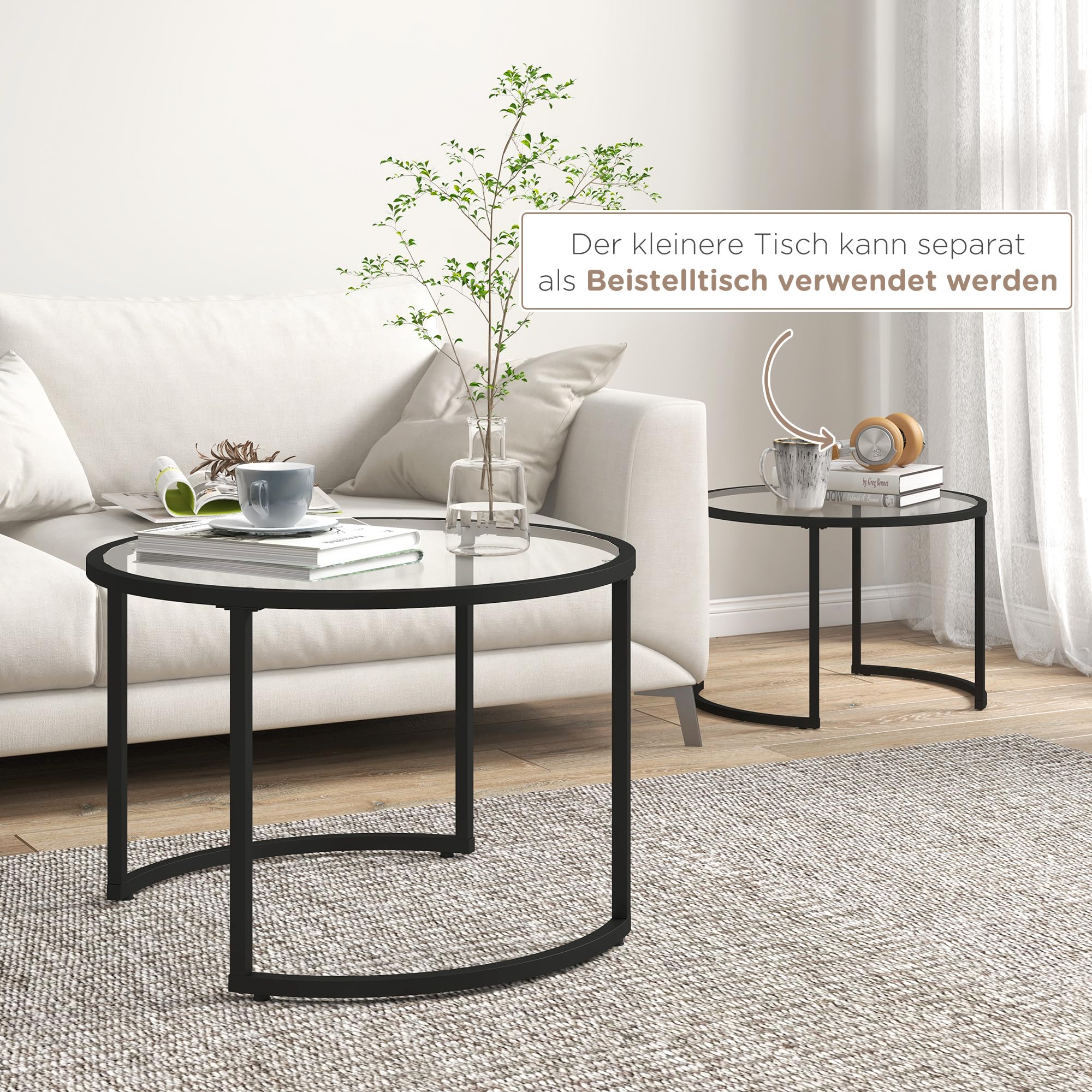 HOMCOM Couchtisch rund 2er Set Beistelltisch mit Tischplatte aus Hartglas