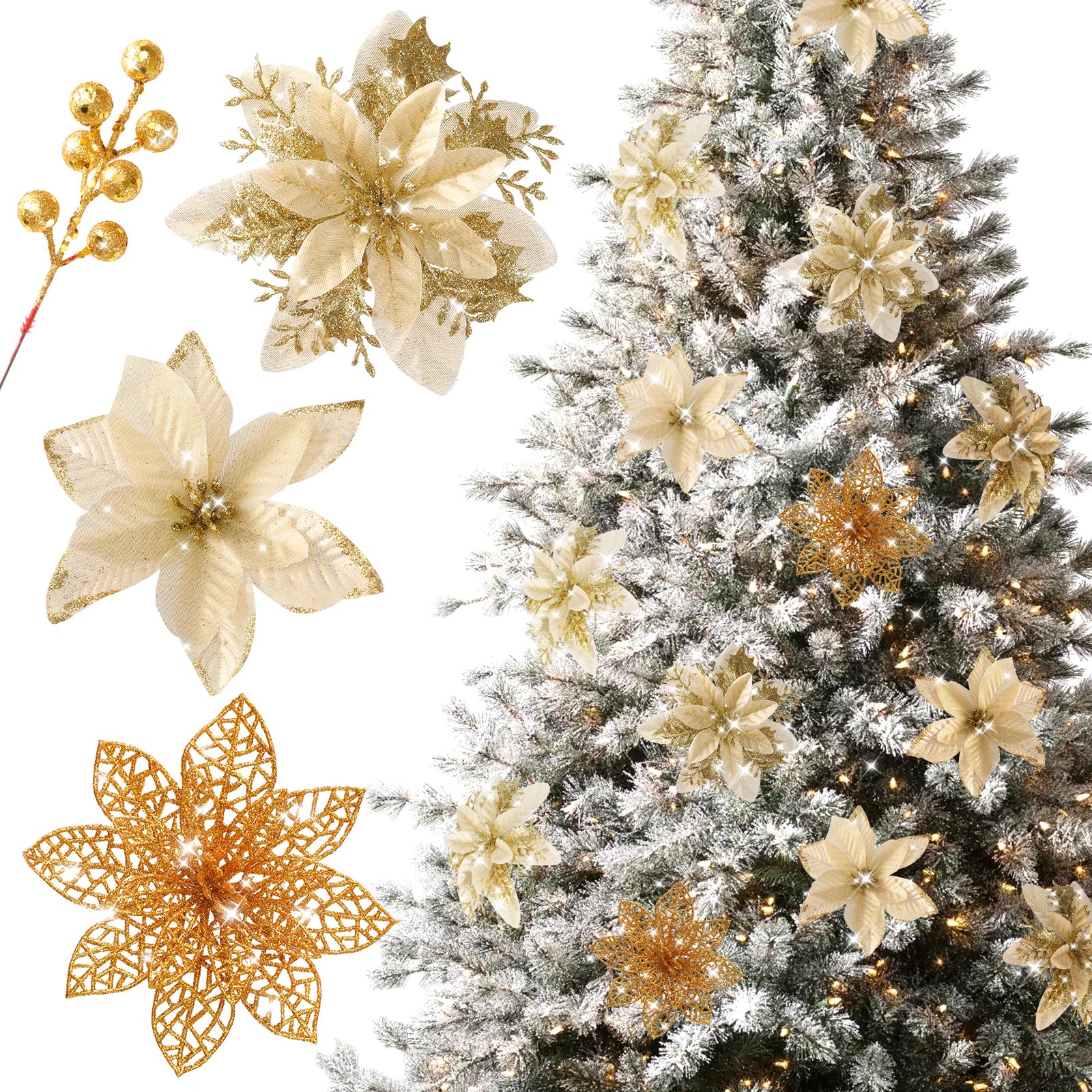 Floweroyal Künstliche Weihnachtssterne mit Clips und Beerenstielen, Glitzer-Ornamente für Weihnachtsbaum, Kranz, Kamin, Treppe, Dekoration, 60 Stück (Gold, 3 Stile)