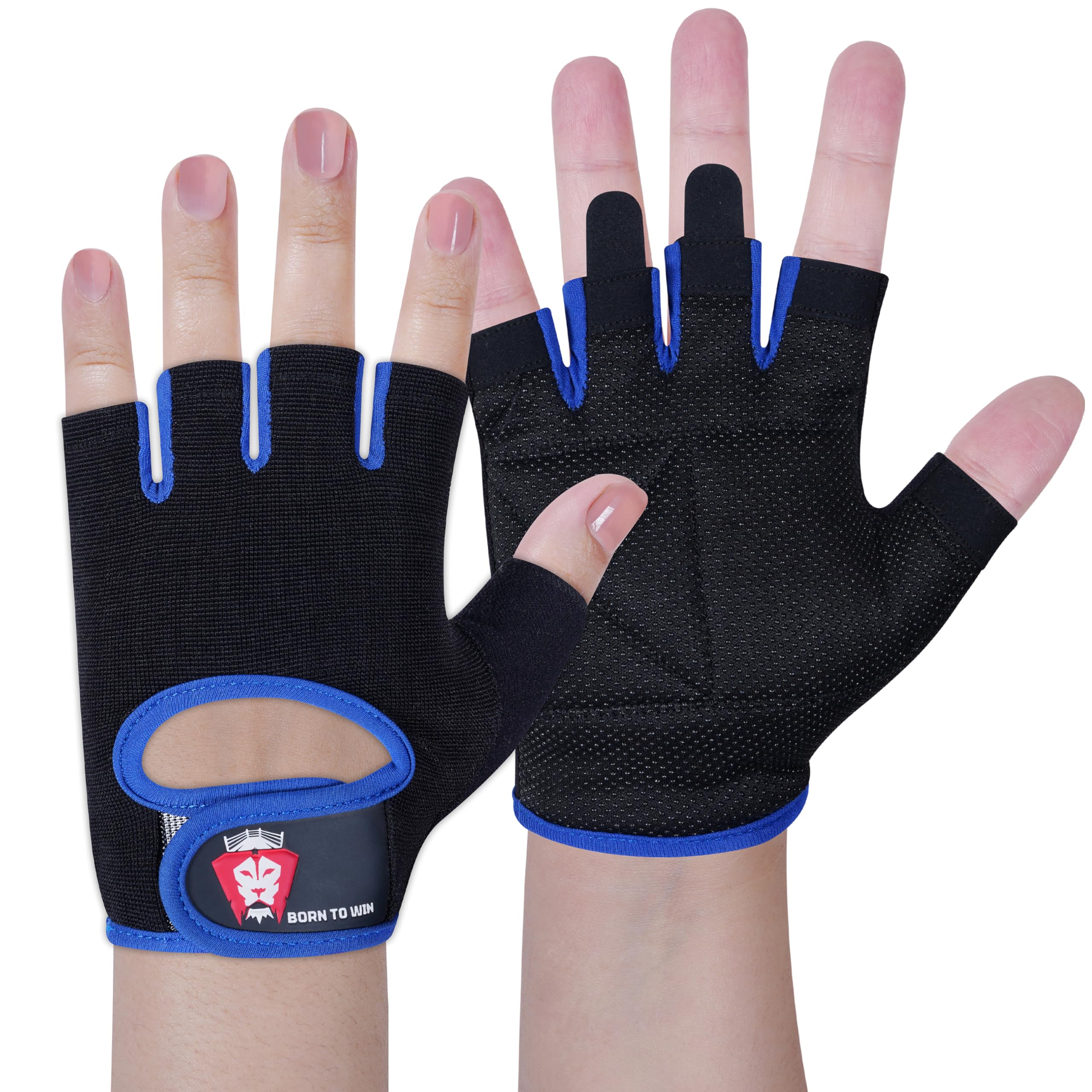 BORN TO WIN Weight Lifting Gloves for Men & Women – Comfortable Leather Gym Gloves with Wrist Support – Durable Grip for Weight Training, Fitness & Weightlifting, Cycling (Blue, L)