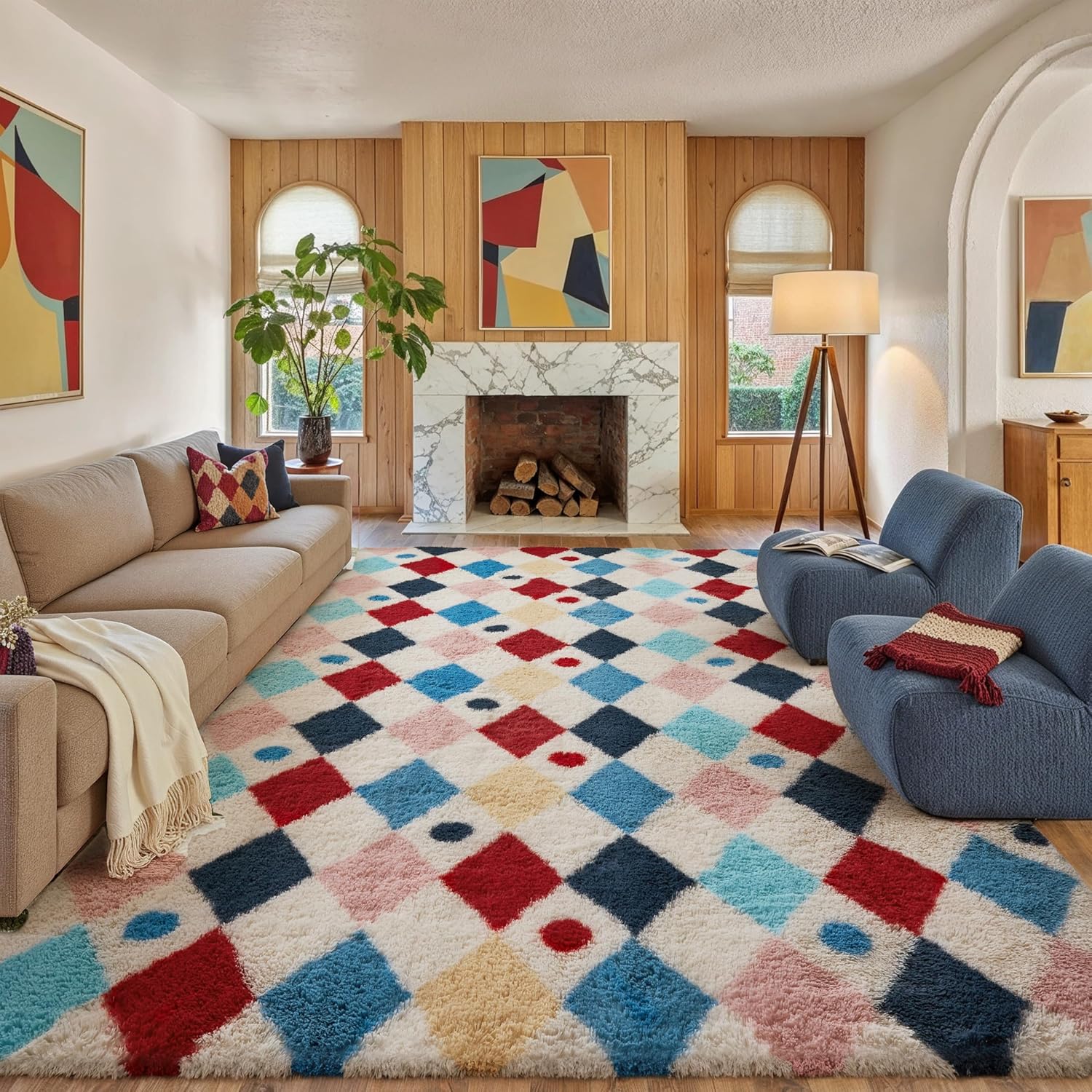 PureCozy 8x10 Rainbow Checkered Shag Rug - Washable Non-Slip Fluffy Area Rug for Living Room Bedroom Playroom