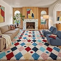 PureCozy 8x10 Rainbow Checkered Shag Rug - Washable Non-Slip Fluffy Area Rug for Living Room Bedroom Playroom