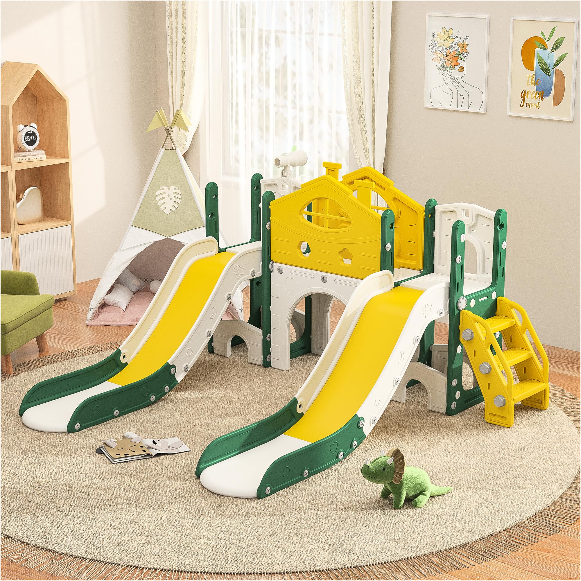 7-in-1 Doppelrutsche für Kleinkinder Outdoor & Indoor,Babyrutsche mit Kletterleiter,Stauraum,Rutsche für Den Garten,Kinder Spielplatz Gartenrutsche für 1-3 Jahre