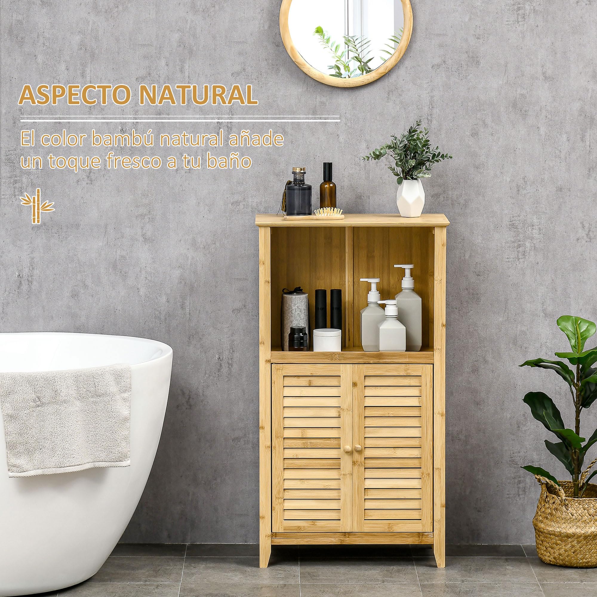 HOMCOM Armario Auxiliar de Baño de Bambú 2 Puertas 50x25,5x92 cm Natural | Armario de Suelo de Baño, Compartimiento Abierto, Estante Ajustable
