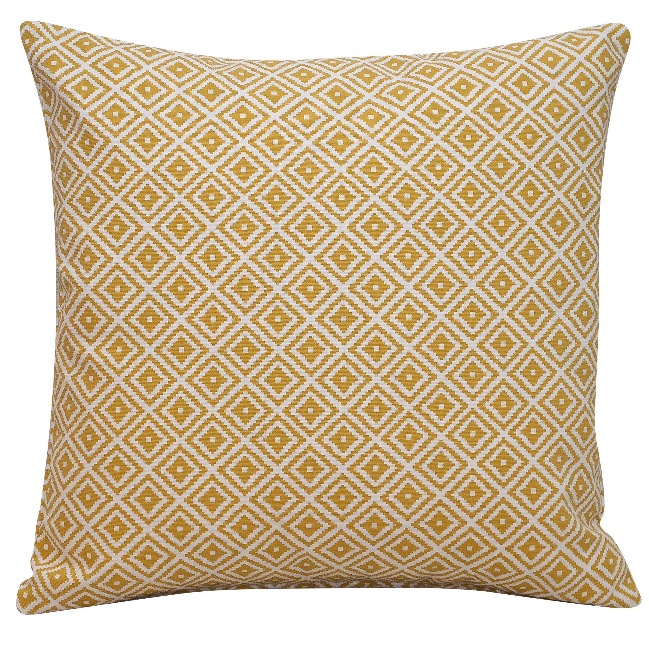 Linen Loft Contemporary Scandi Geometric Ikat Cushion Cover in Ochre Yellow. Double Sided, 17x17 Square Pillowcase. Modern Printed Diamond Pattern Yellow and White. 100% Cotton. Handmade in the UK.