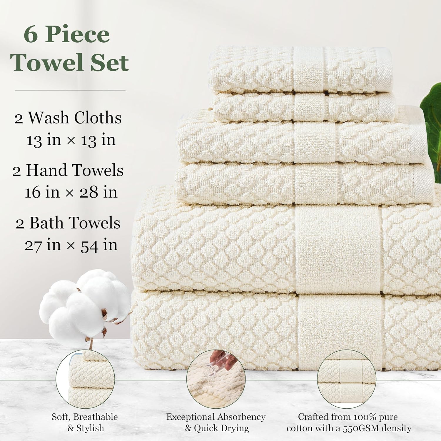 Simple&Opulence 6 Piece Luxury Towel Set, 100% Cotton Bathroom Towels with Hanging Loop (2 Bath Towels, 2 Hand Towels, 2 Washcloths) Stylish, Soft & Absorbent for Home, Hotel, Gym, Spa-Ivory