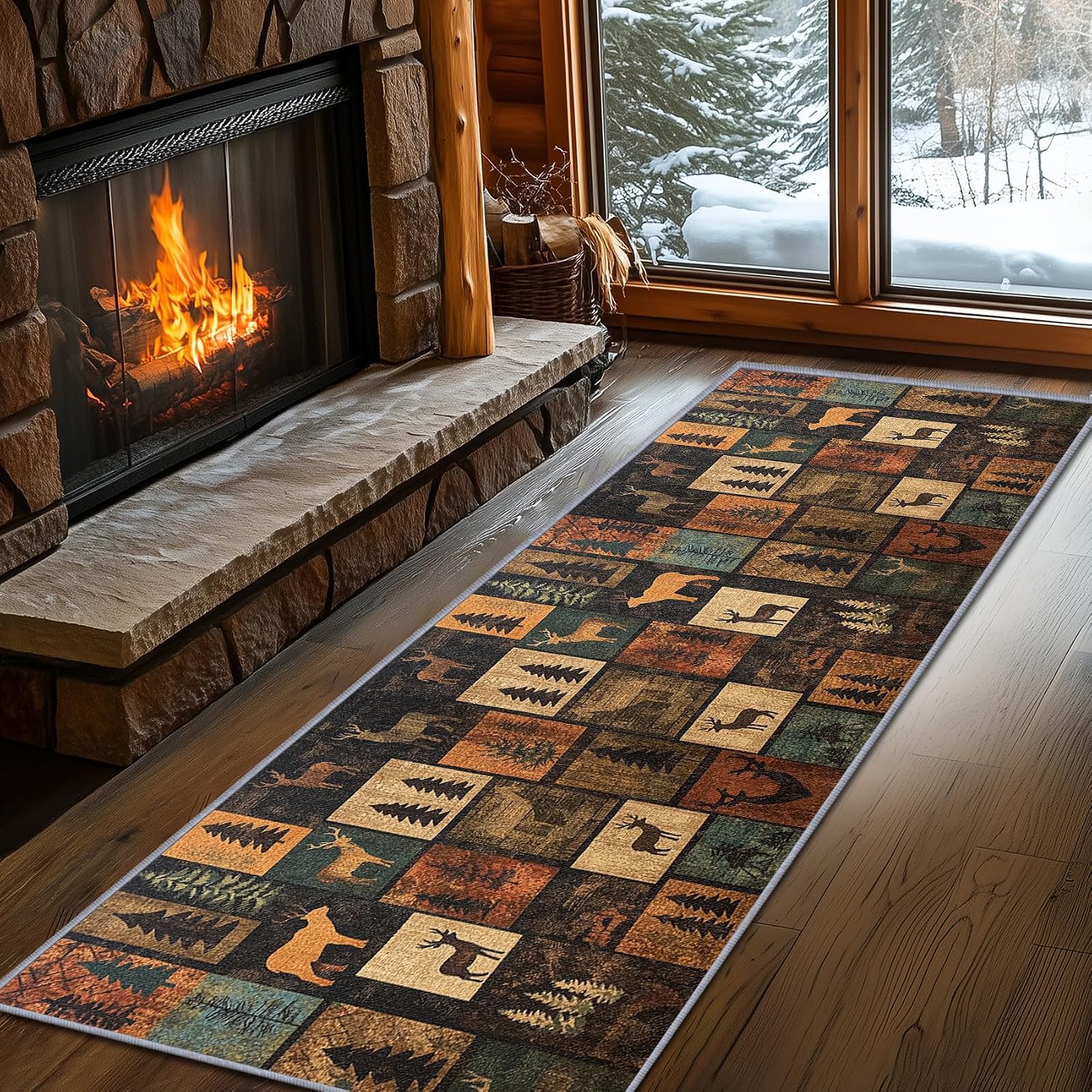 Wildlife Rugs for Cabin, Bear Runner Rug, 2x6ft, Deer Wild Animal Patchwork Runners for Hallways, Rustic Hunting Runner Rug Non Slip Soft - Bear Home Decor