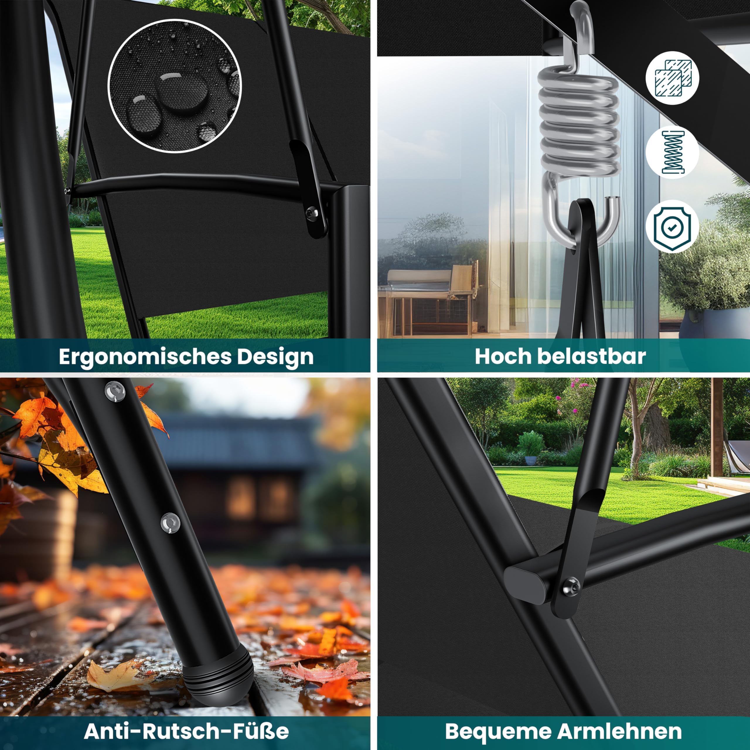 KESSER® Dondolo Hollywood con tettuccio parasole, 3 posti, portata fino a 300 kg, sdraio da giardino con piedini antiscivolo, panca a dondolo impermeabile per esterni e interni (nero)