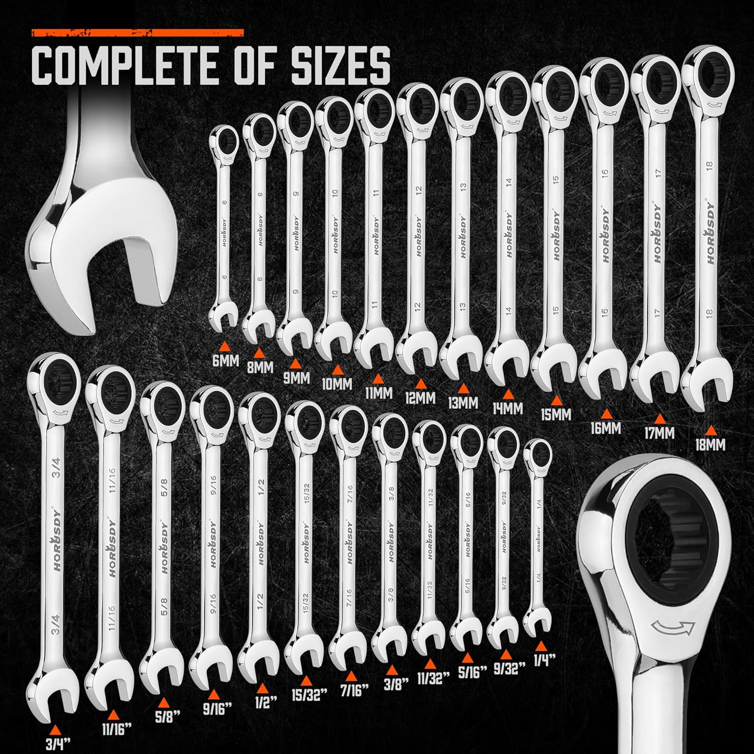 HORUSDY 24-Piece Ratcheting Wrench Set | Metric and SAE | Ratchet Combination Wrenches Set with Organizer | 72-Teeth | Chrome Vanadium Steel | 6-18 mm & 1/4 to 3/4