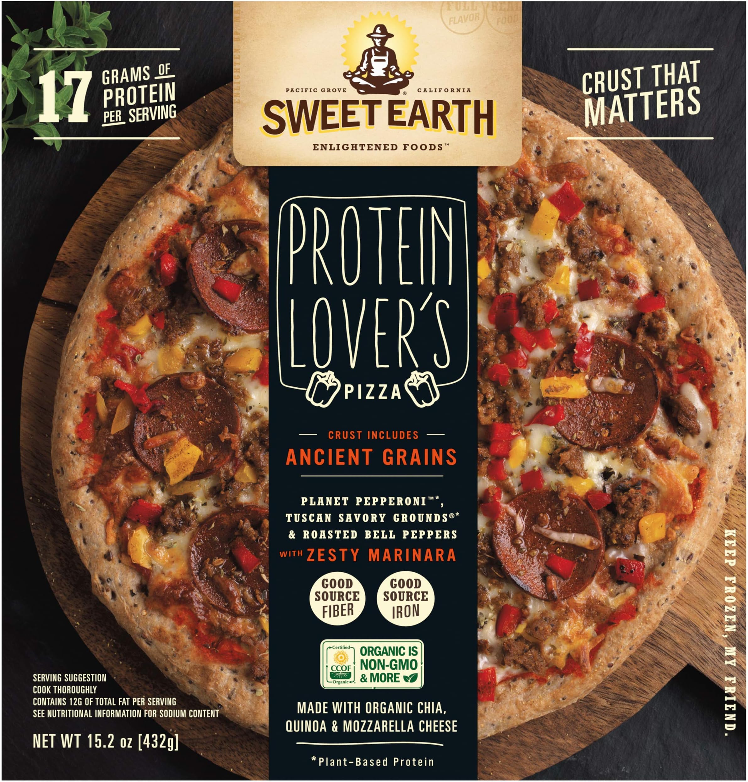 Sweet Earth Protein Lover’s Frozen Pizza, 15.2 oz Box – Delicious Vegetarian Frozen Pizza Made with Plant-Based Meats, 16g of Protein Per Serving
