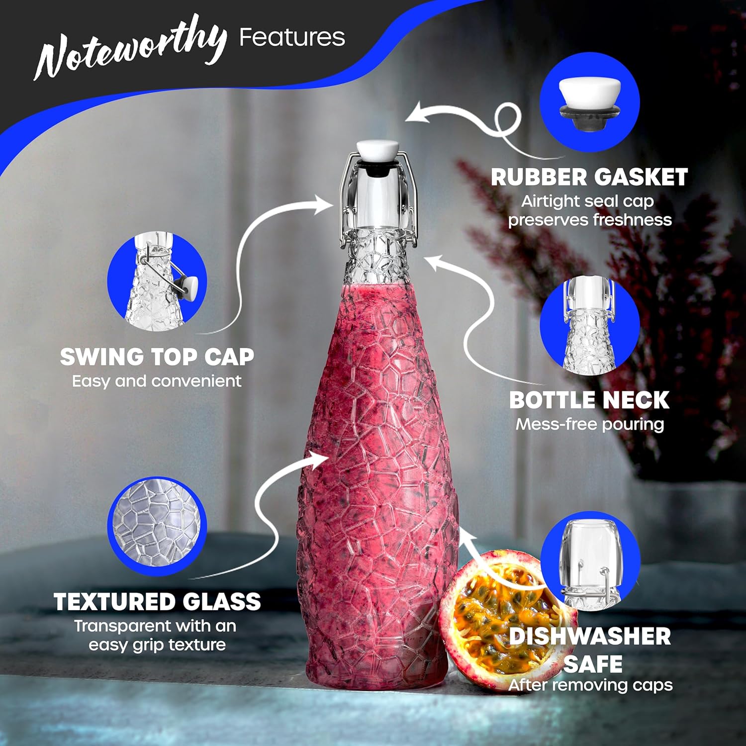 Nevlers 33 Oz Textured Swing Top Glass Bottles with Stoppers 6 Pack | Teardrop Flip Top Glass Bottle with Stopper, Funnel, Shrink Wrap, Brush, Marker & Tags | Water, Juice, Liquor & Kombucha Bottles