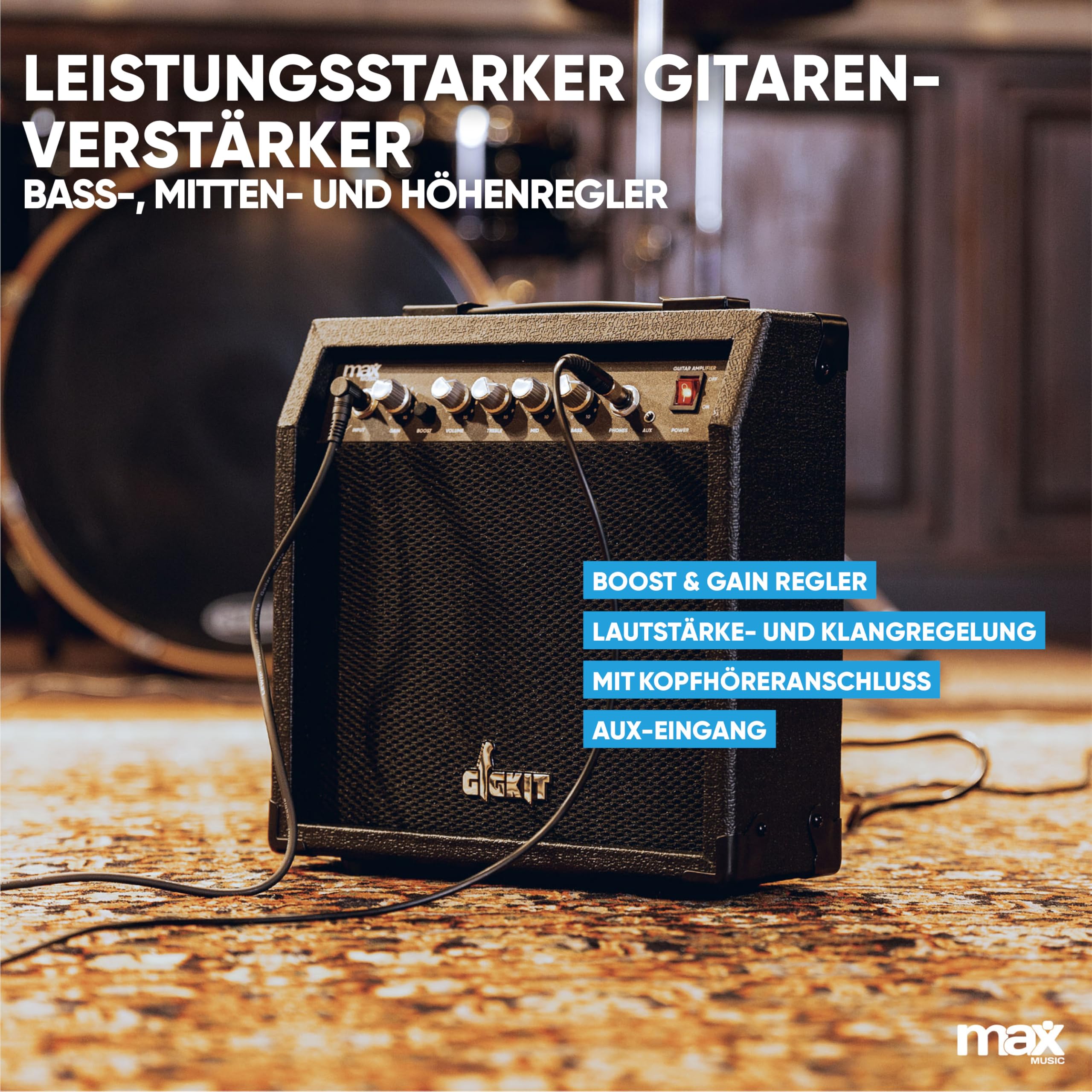 Max GigKit Rock Style E-Gitarre, E Gitarren Set mit Gitarrenverstärker, Tasche, Plektrum, Stimmgerät Gitarre, Instrumentenkabel, Ersatzsaiten, Gitarrengurt, 24 Bünde - Schwarz