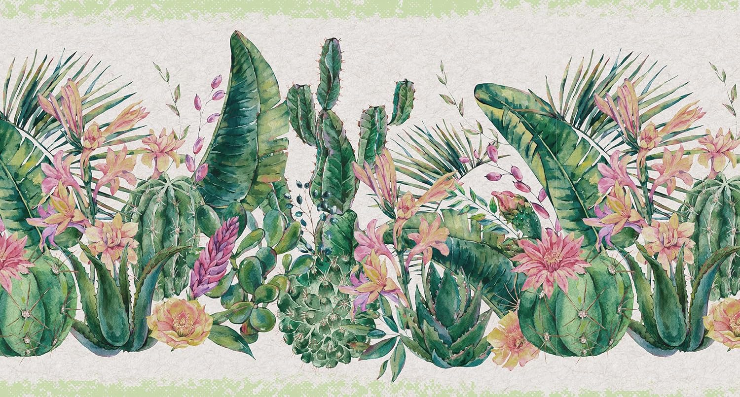Grace & Gardenia GB50131 Cactus Flowers Peel and Stick Wallpaper Border 10in Height x 15ft Green Beige Pink Designs
