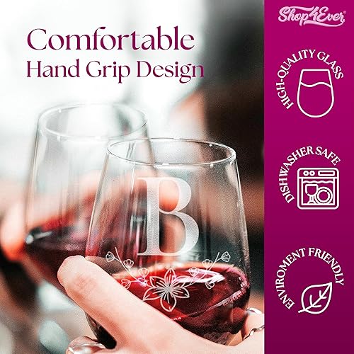 Miniatura 10 de Copa de vino con monograma floral grabada con letra inicial sin tallo, 15 onzas, regalo personalizado con monograma personalizado (A)