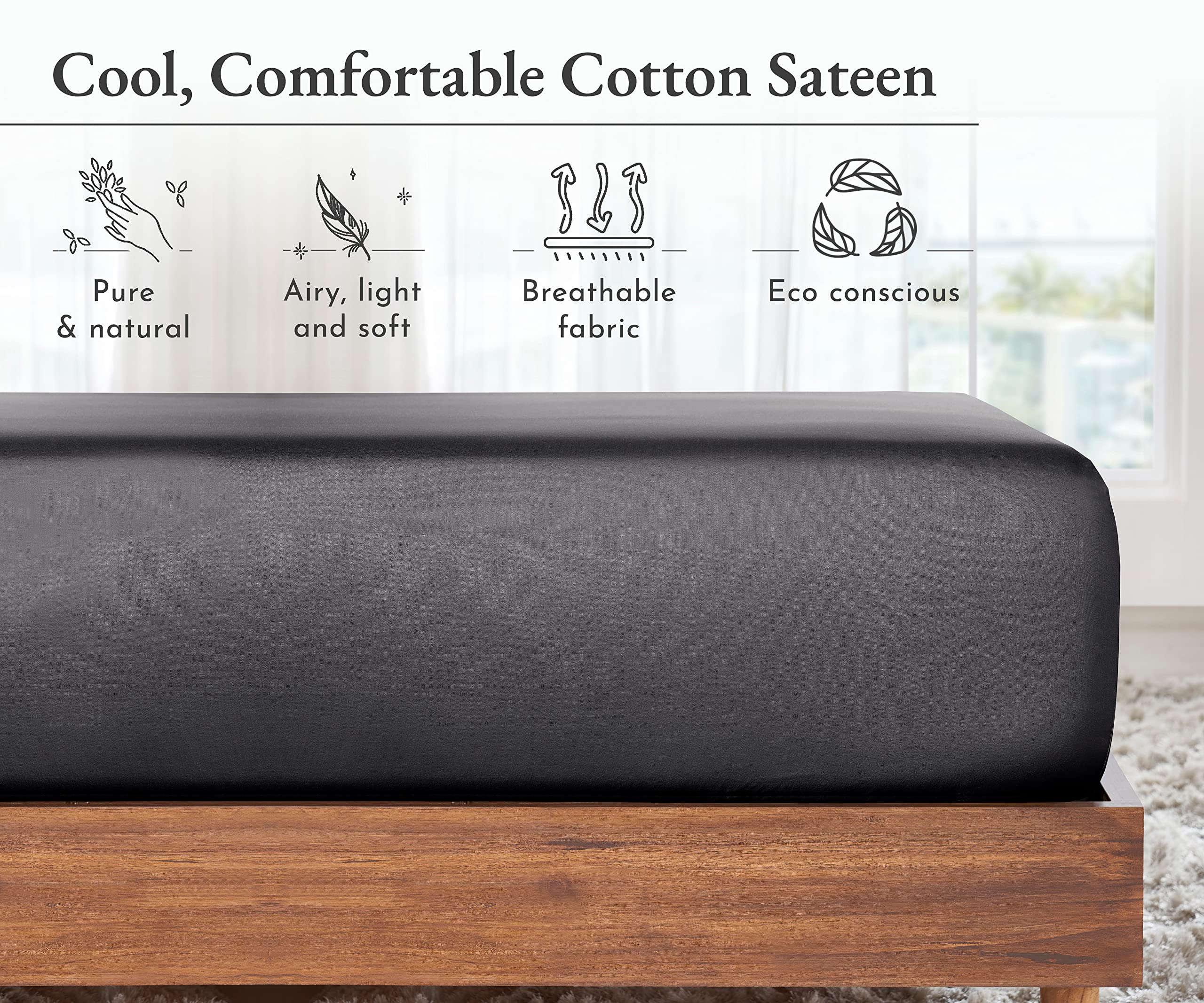California Design Den 100% Cotton Sateen Fitted Sheet – Double, Deep Pocket, Dark Grey, 400 Thread Count