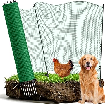 Temporary Fence with Posts, 3x50 Animal Barrier Dog Portable Fencing with Fiberglass Stake Windbreak Rope, Safety Snow Plastic Netting Roll for Garden Backyard Outdoor for Chickens or Other Animals