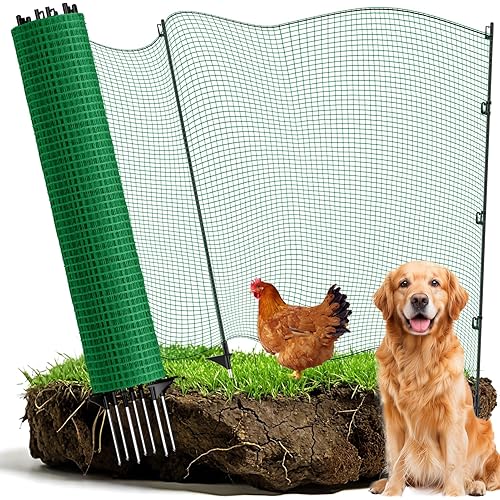 Temporary Fence with Posts, 3‘x50‘ Animal Barrier Dog Portable Fencing with Fiberglass Stake Windbreak Rope, Safety Snow Plastic Netting Roll for Garden, Chickens, Backyard Outdoor Protect