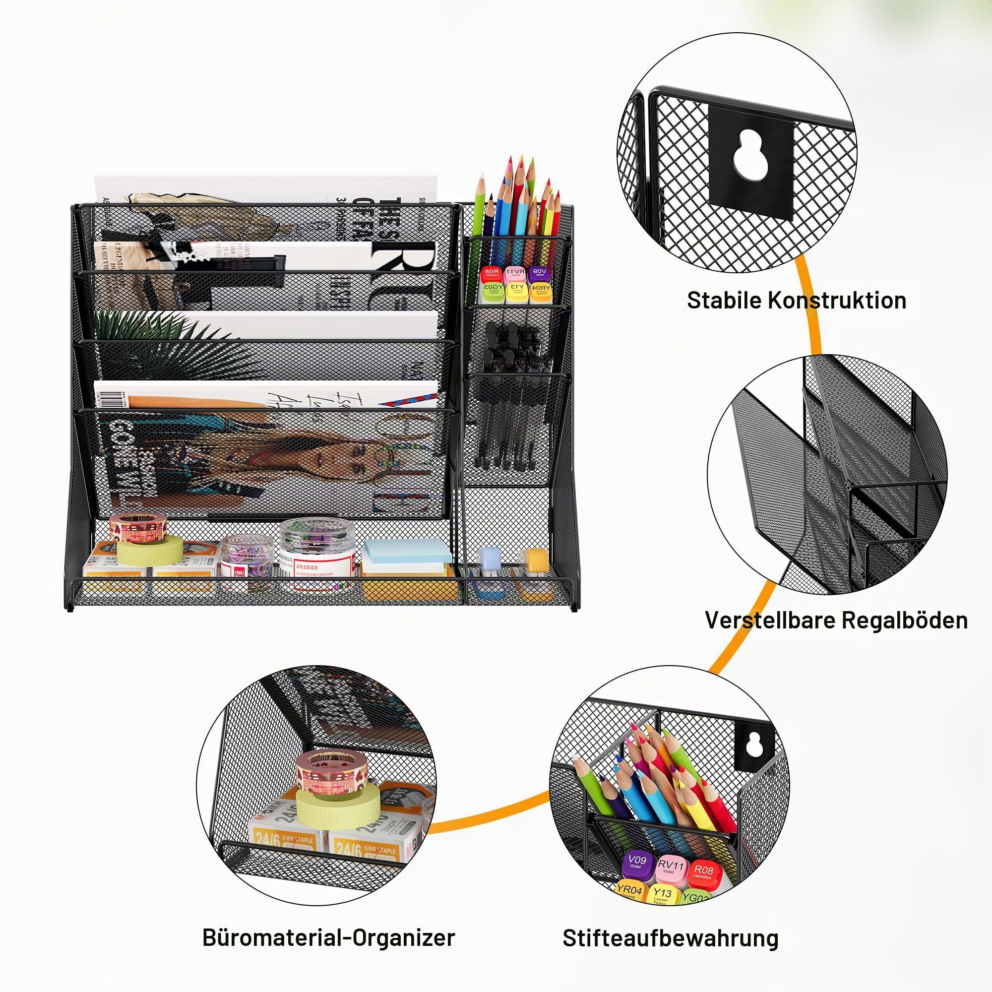TQVAI 5 Fächer Metall Zeitschriftenhalter Wand Dokumenten Organizer mit 3 Stiftehalter A4 Papier Flyerhalter Postsortierer Dokumentenablage für Büro Zuhause Schule, Schwarz