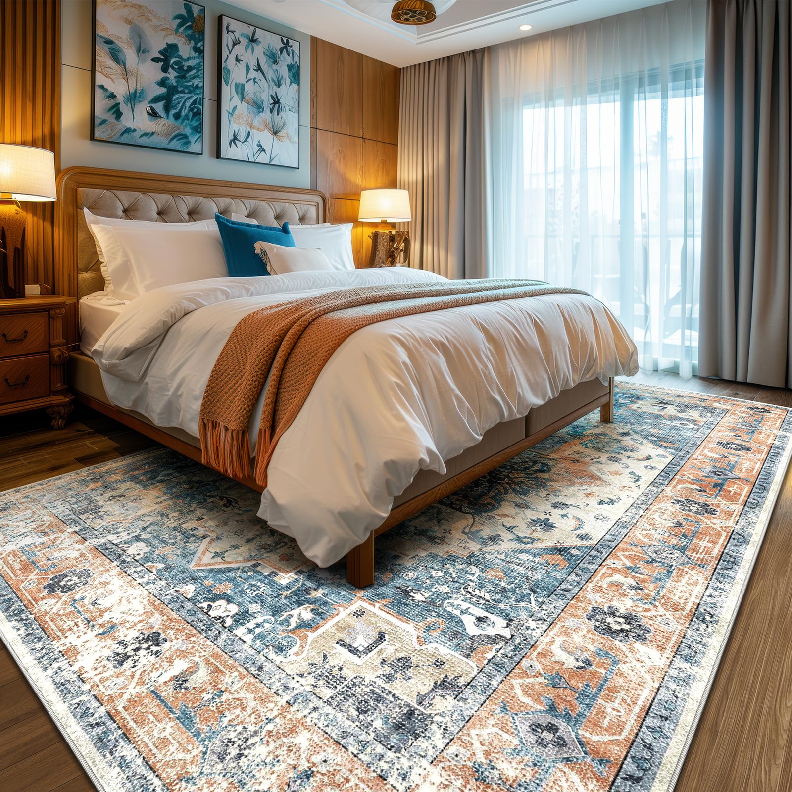 XSIVOD Blue Area Rugs for Living Room, Washable Large Rugs for Bedroom, Non Slip Vintage Rugs for Dining Room Office, Soft Low Pile Rug Accent Floor Carpet for Home Decor, 240 x 300 cm