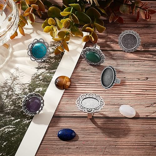 Miniatura 5 de SUNNYCLUE 6 piezas de 6 estilos ajustables con diseño de flores en blanco, con 6 piezas de cabujones de bisel con 6 cabujones redondos ovalados de