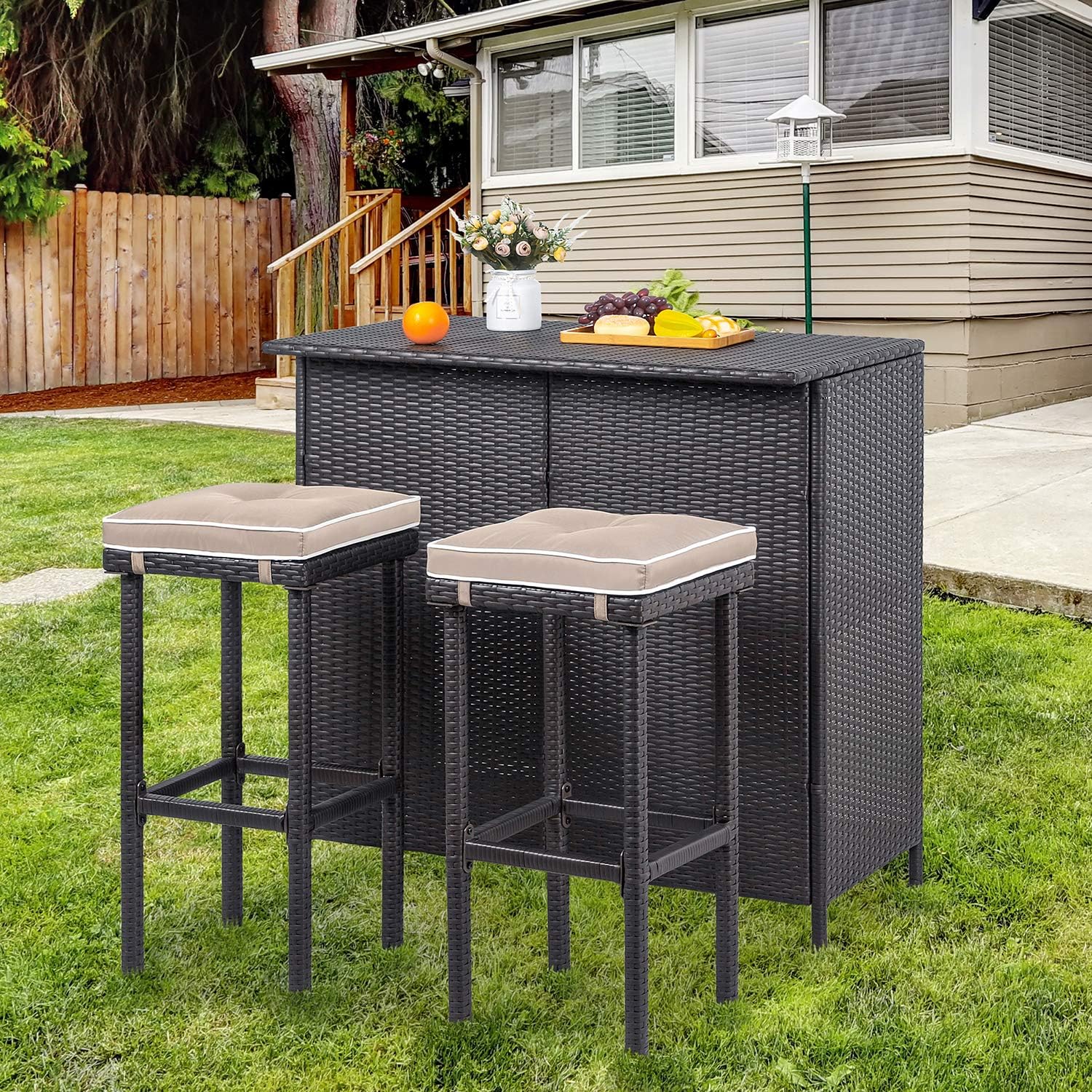 Shintenchi 3 Pieces Outdoor Patio Bar Set,Portable Rattan Wicker Bar Stools & Table for Lawn, Pool, Backyard and Garden with Storage Shelves, Bar Furniture with Comfortable Cushions