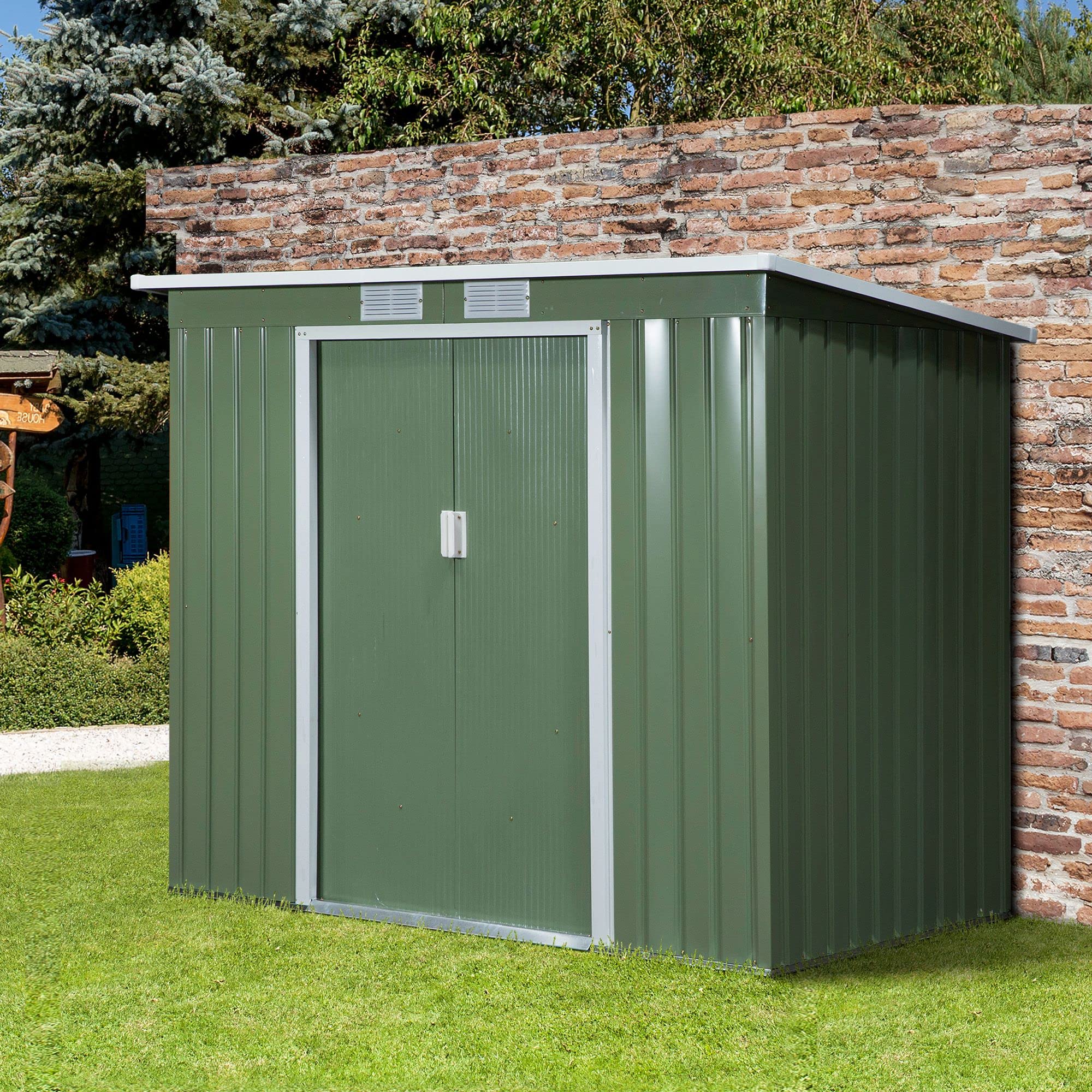 Outsunny Casetta da Giardino in Acciaio con Tetto Inclinato, Doppia Porta Scorrevole e Prese d'Aria, 213x130x173 cm, Verde