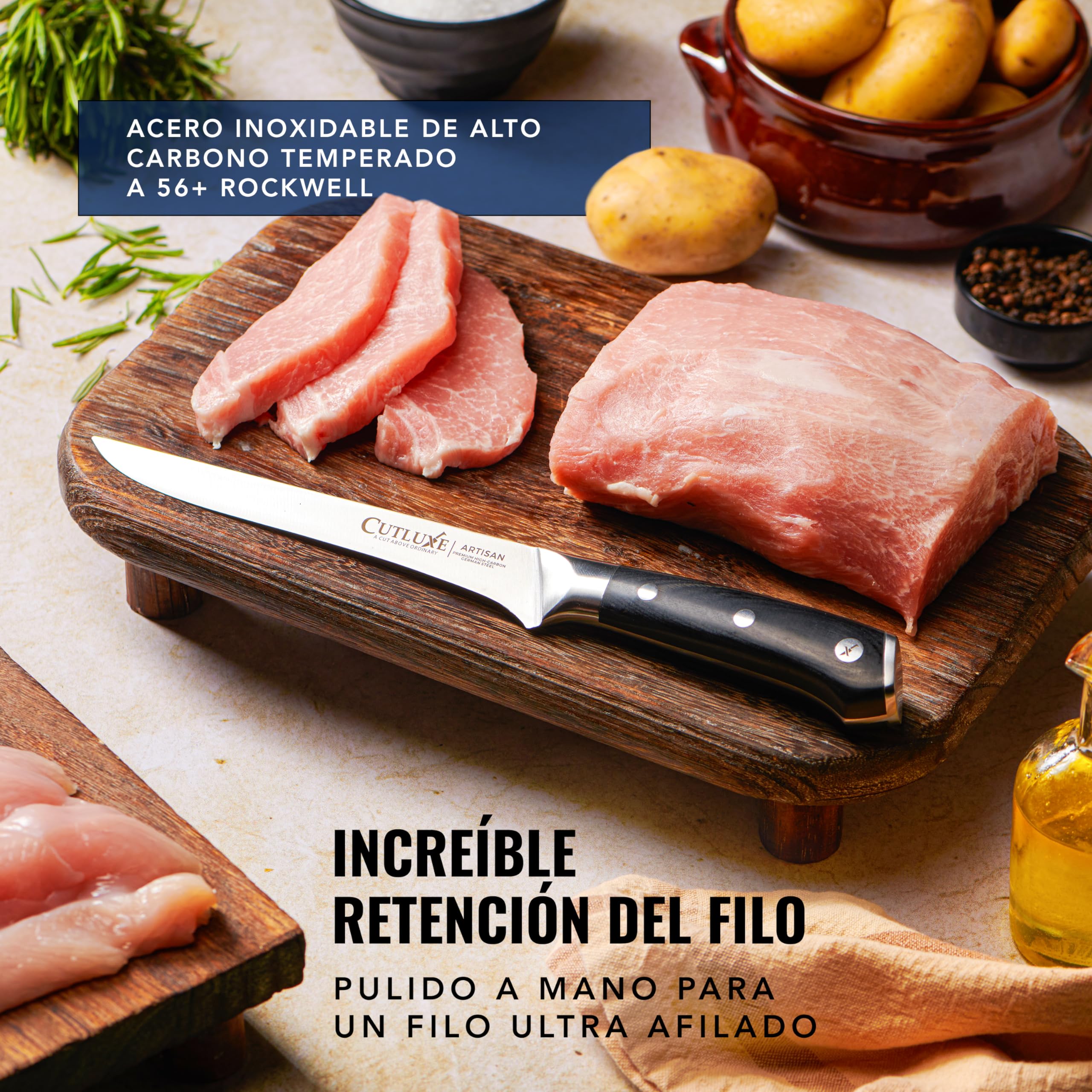 Cutluxe Set de Cuchillos Trinchar Profesional BBQ (2 piezas) - Cuchillo Jamonero Profesional de Carne Y Cuchillo Deshuesador - Cuchillos Cocina con Acero Alemán - Mango Ergonómico - Serie Artisan