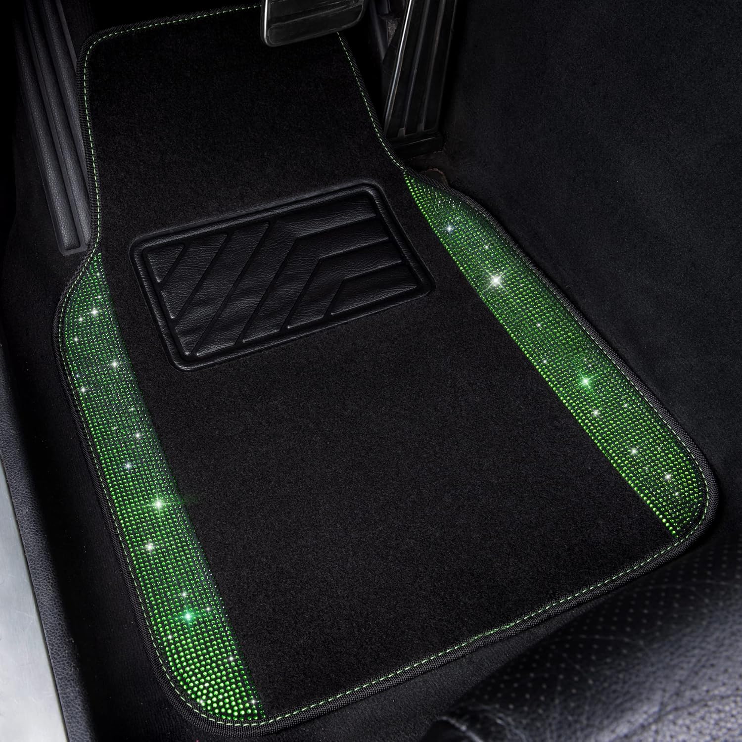 CAR PASS Shining Rhinestones Carpet, Bling Crystal Diamond Sparkly Glitter Car Floor Mats with Anti-Slip PVC Heel Pad Automotive Universal for SUV,Sedan,Car,Van,4pcs for Girl Women Green Diamond - Image 2