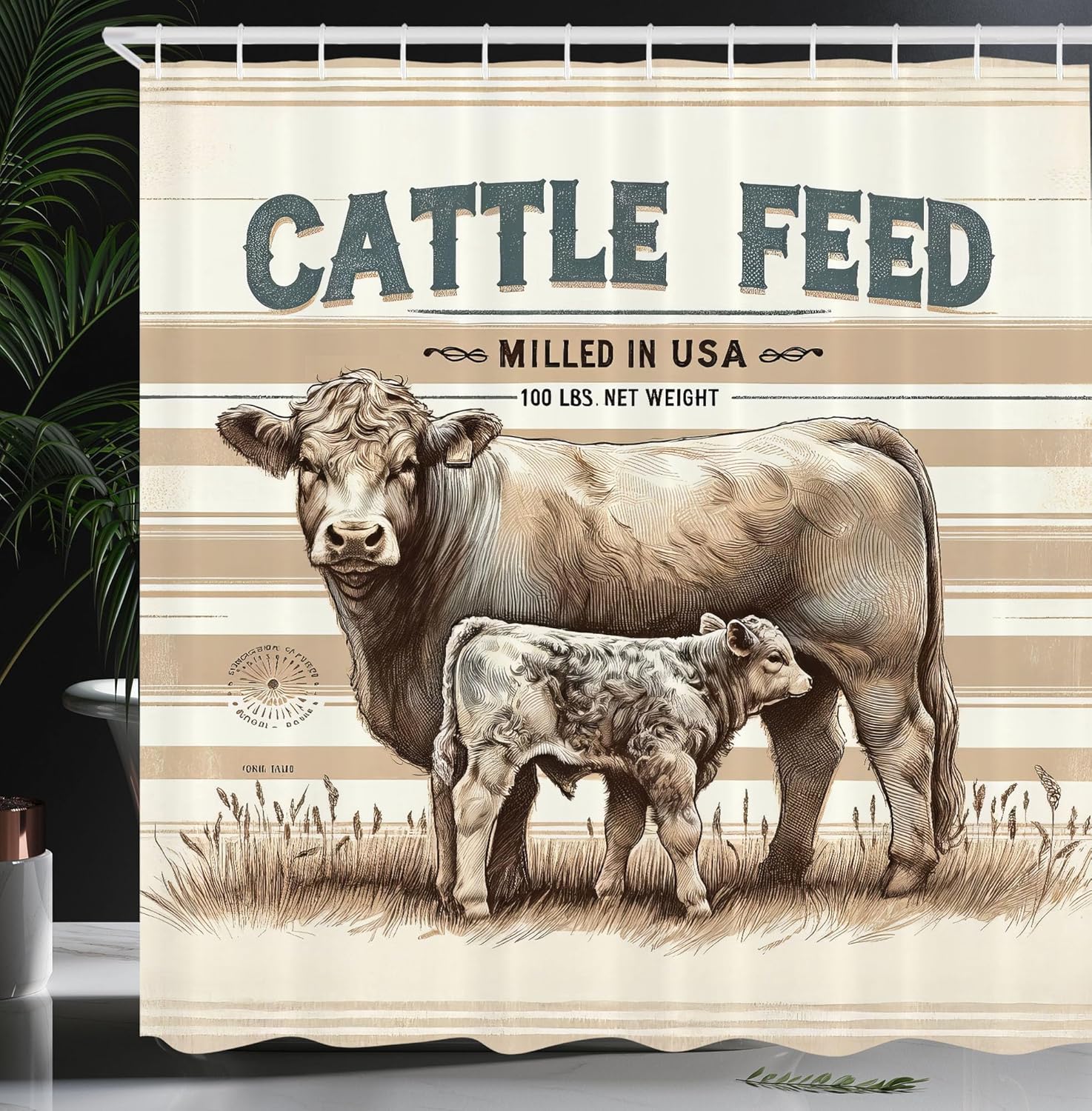 Ambesonne Farmhouse Shower Curtain, Vintage Style Illustration of Cow and Its Little One on Stripes Cottage, Cloth Fabric Bathroom Decor Set with Hooks, 69" W x 70" L, Tan Ivory Warm Taupe