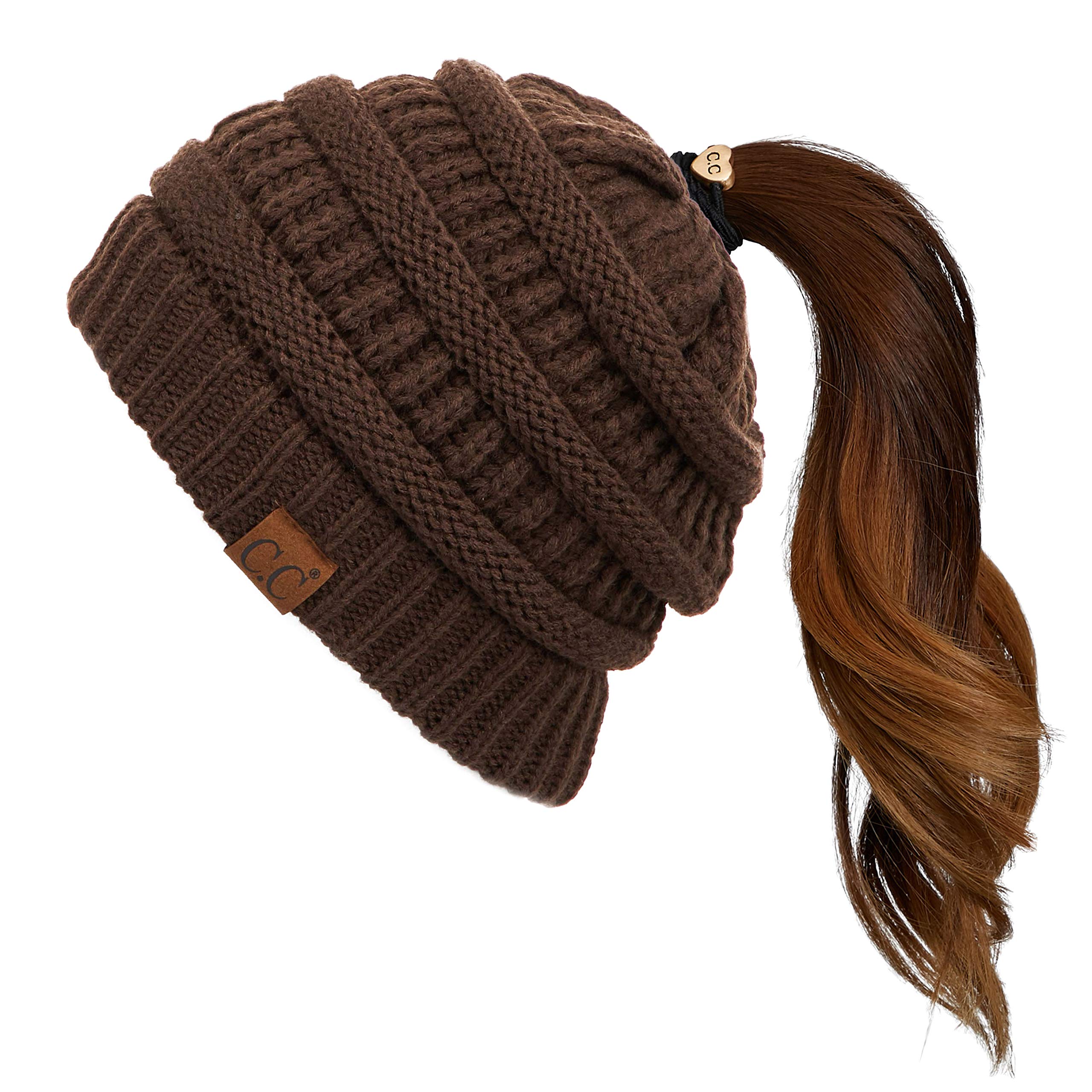 C.C Exclusives Soft Stretch Cable Knit Messy Bun Ponytail Beanie Winter Hat for Women (MB-20A), Brown, One Size