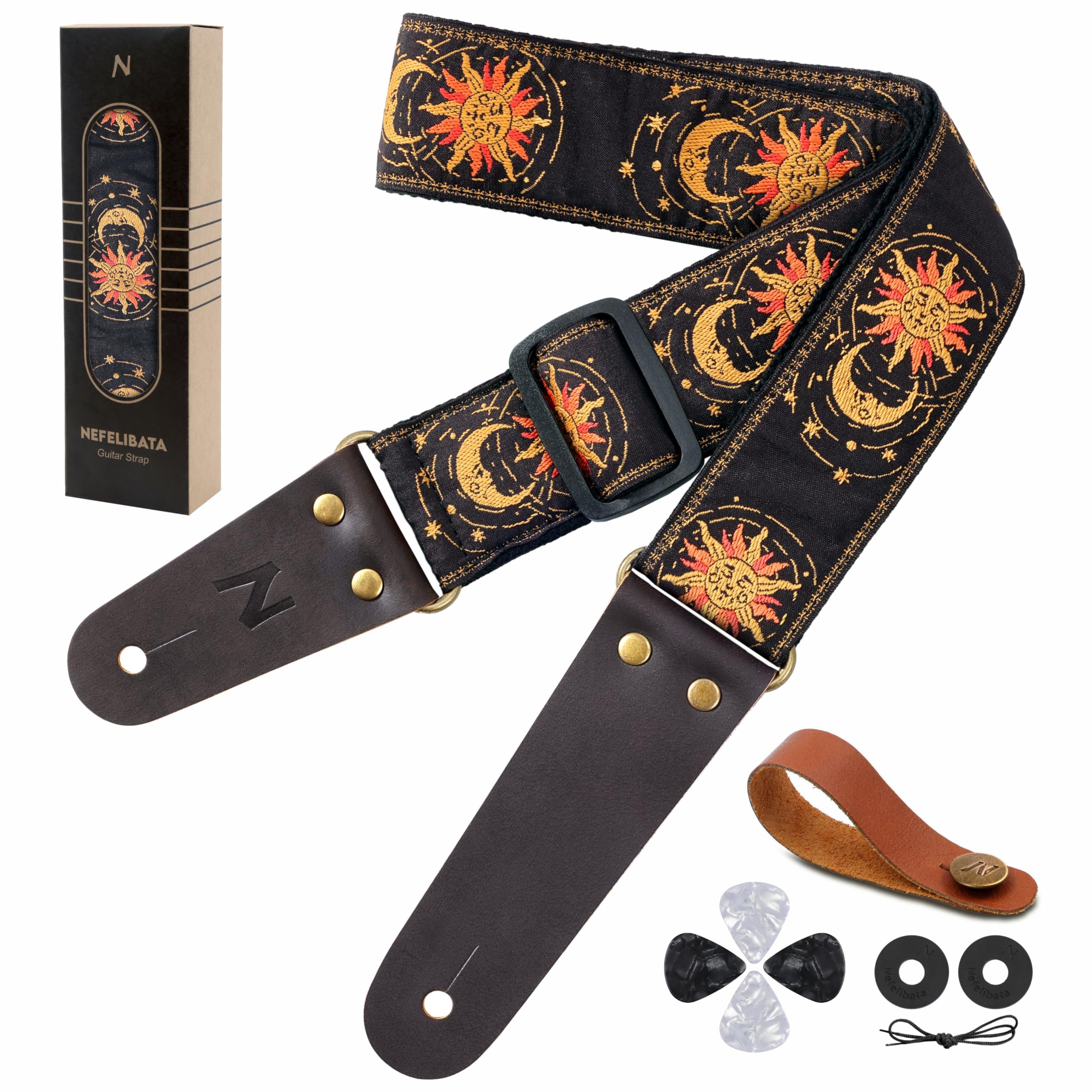 Nefelibata Guitar Strap, Sun & Moon Embroidery Guitar Straps with Head Cowhide Leather Ends for Bass, Electric & Acoustic Guitars, Free Strap Button, 1 Pair Strap Locks and 4 Guitar Picks