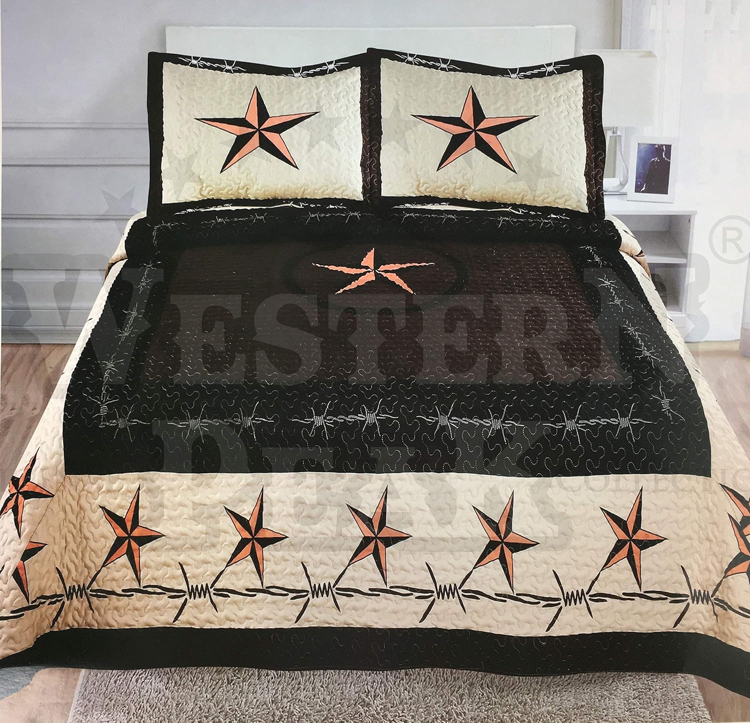 Western Peak 3 Piece Western Texas Lone Star Cabin Lodge Barb Wire Luxury Quilt Bedspread Coverlet Comforter Brown Beige Set (Queen)