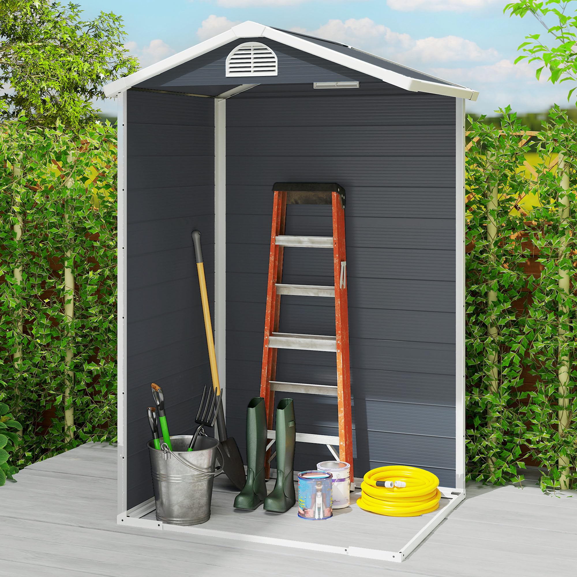 Outsunny Gerätehaus 1,1m² mit Satteldach 134 x 104 x 204 cm Dunkelgrau | Kunststoff Geräteschuppen mitAbschließbare Tür, Belüftungsöffnung, Fenster, Gartenchuppen für Garten