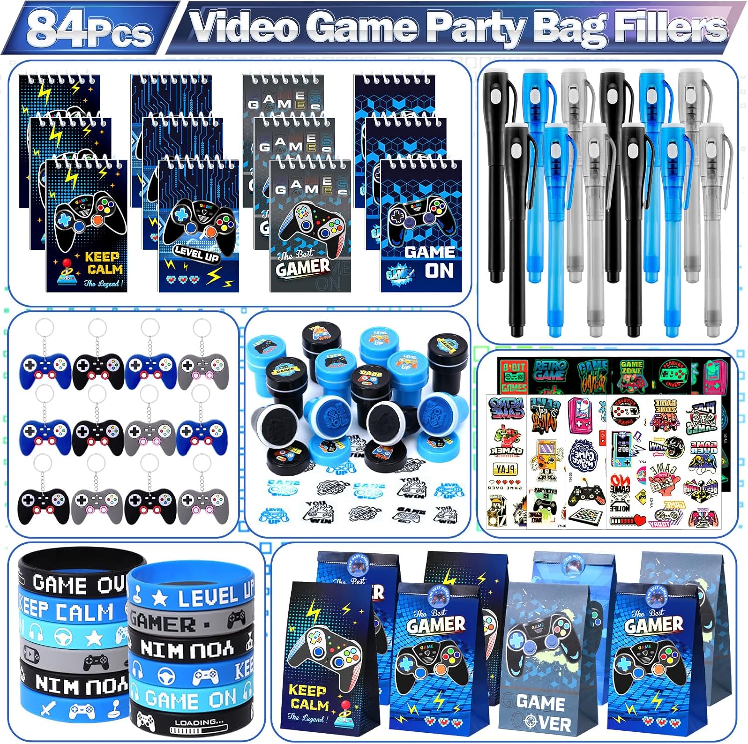 84Pcs Video Game Party Favors Birthday Supplies Kids Boys Invisible Ink Pen Notebook Silicone Bracelet Stamper Tattoo Sticker Gaming Toy Gift Bag Goodie Bag Stuffers Gamer Party Favors