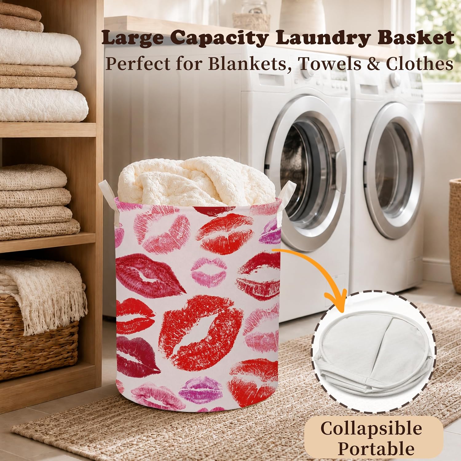 Hot pink Preppy Girly Lips Laundry Basket, Red Pink Kiss Laundry Hamper Waterproof Collapsible Clothes Storage Bin Organizer for Women Room Dorm Bedroom Bathroom Home