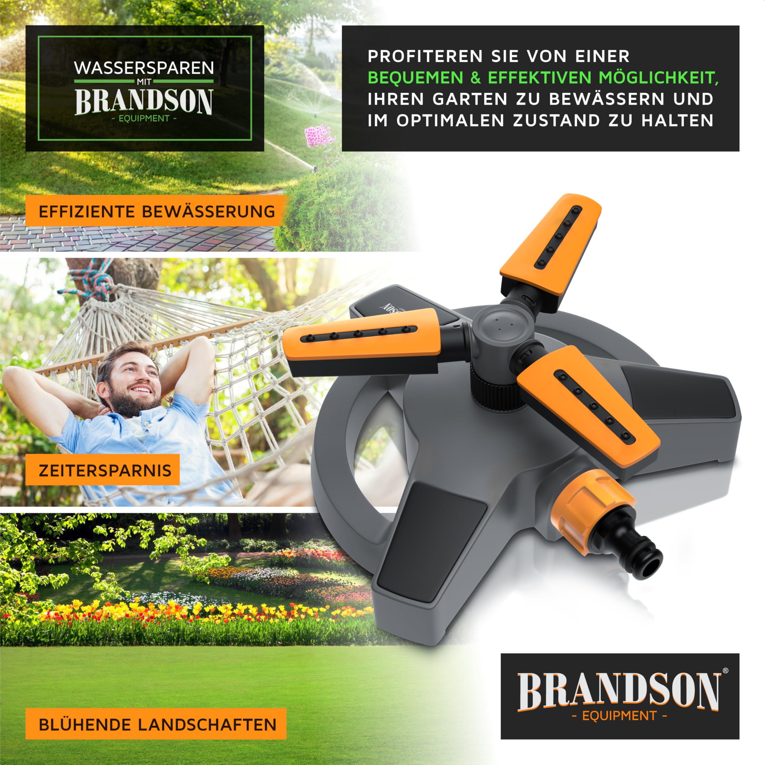 Brandson – Viereckregner 360 Grad für große Flächen - Rasensprenger 3/4 Zoll - 18 Düsen - unterschiedliche Abstrahlwinkel - rotierender Wassersprinkler – DREI Arme – für Garten Pflanzen Beete