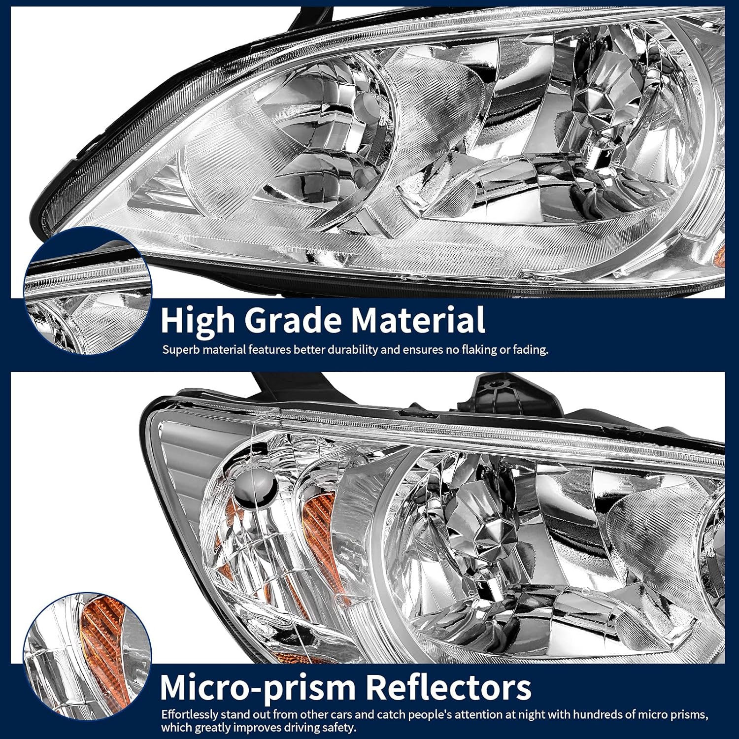 AUTOSAVER88 Headlight Assemblies Compatible with 04 05 2004 2005 Civic Headlamps Chrome Housing Amber Reflector Clear Lens