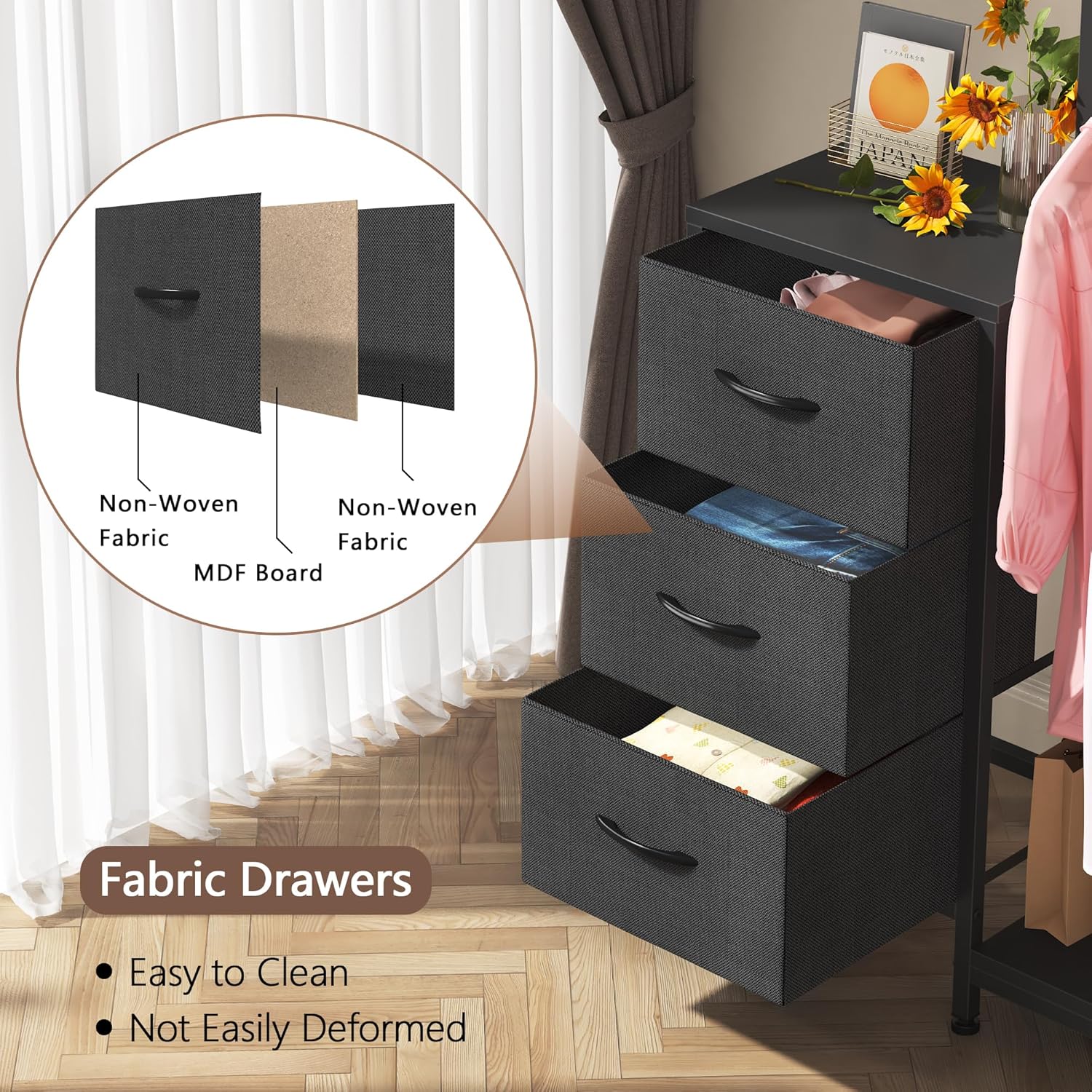 Dresser for Bedroom with Hanging Rack, 3 Drawers Dresser for Bedroom - Black