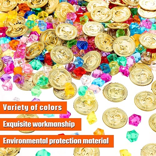 Miniatura 3 de Skylety Tesoro pirata de Halloween, 100 monedas de oro y 100 piezas de gemas de joyería de tesoro falsas monedas de oro juguetes para decoraciones
